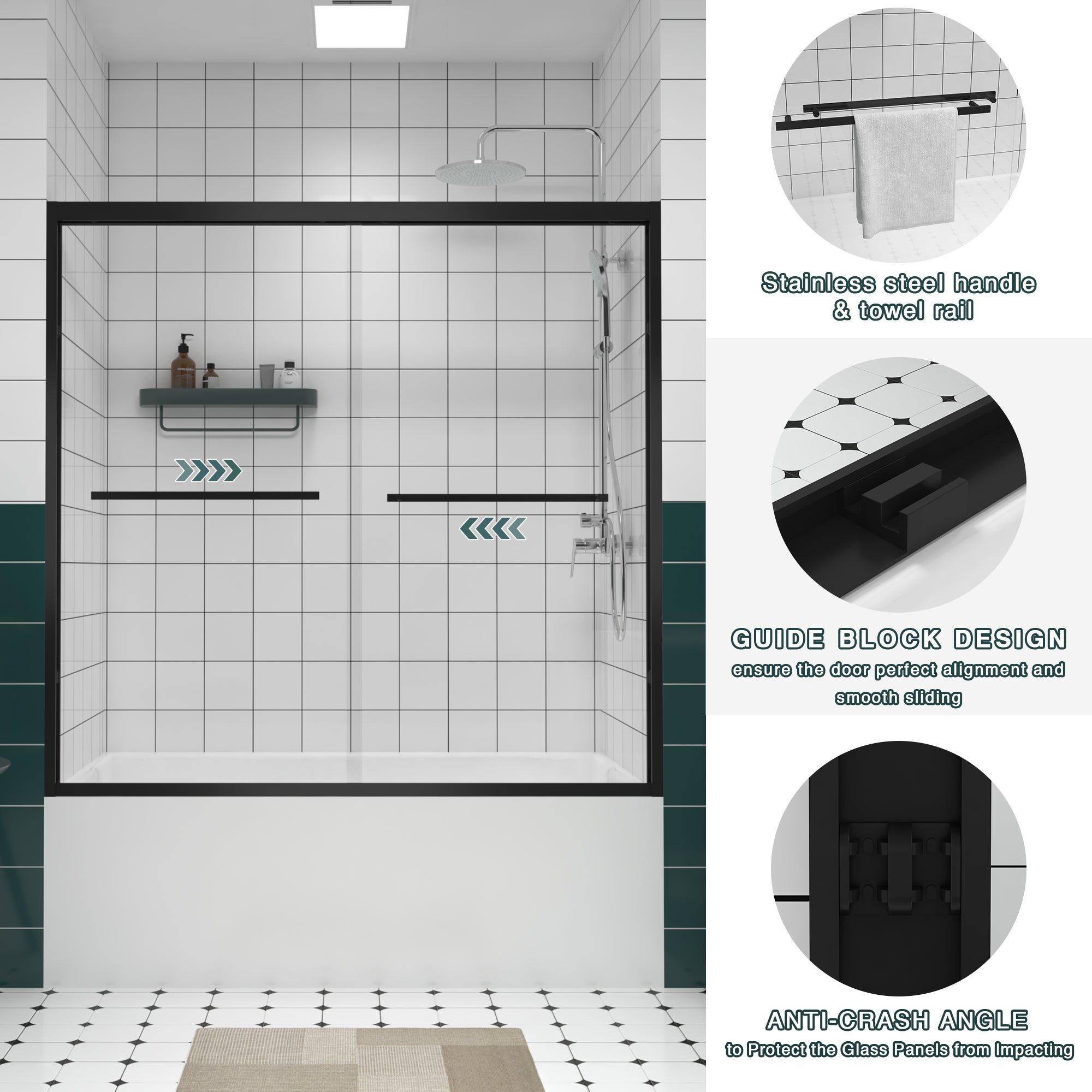 Angled view of matte black framed sliding bathtub door