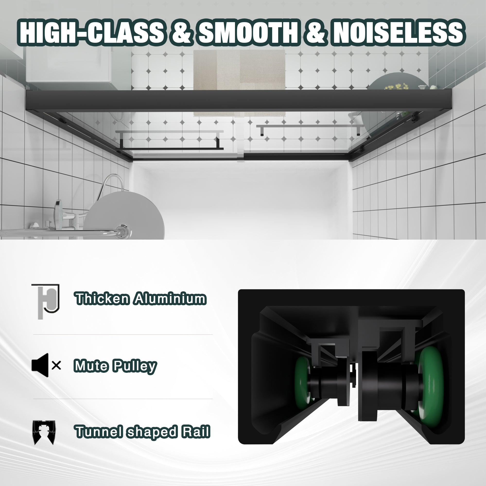Matte black bathtub door frame and hardware detail