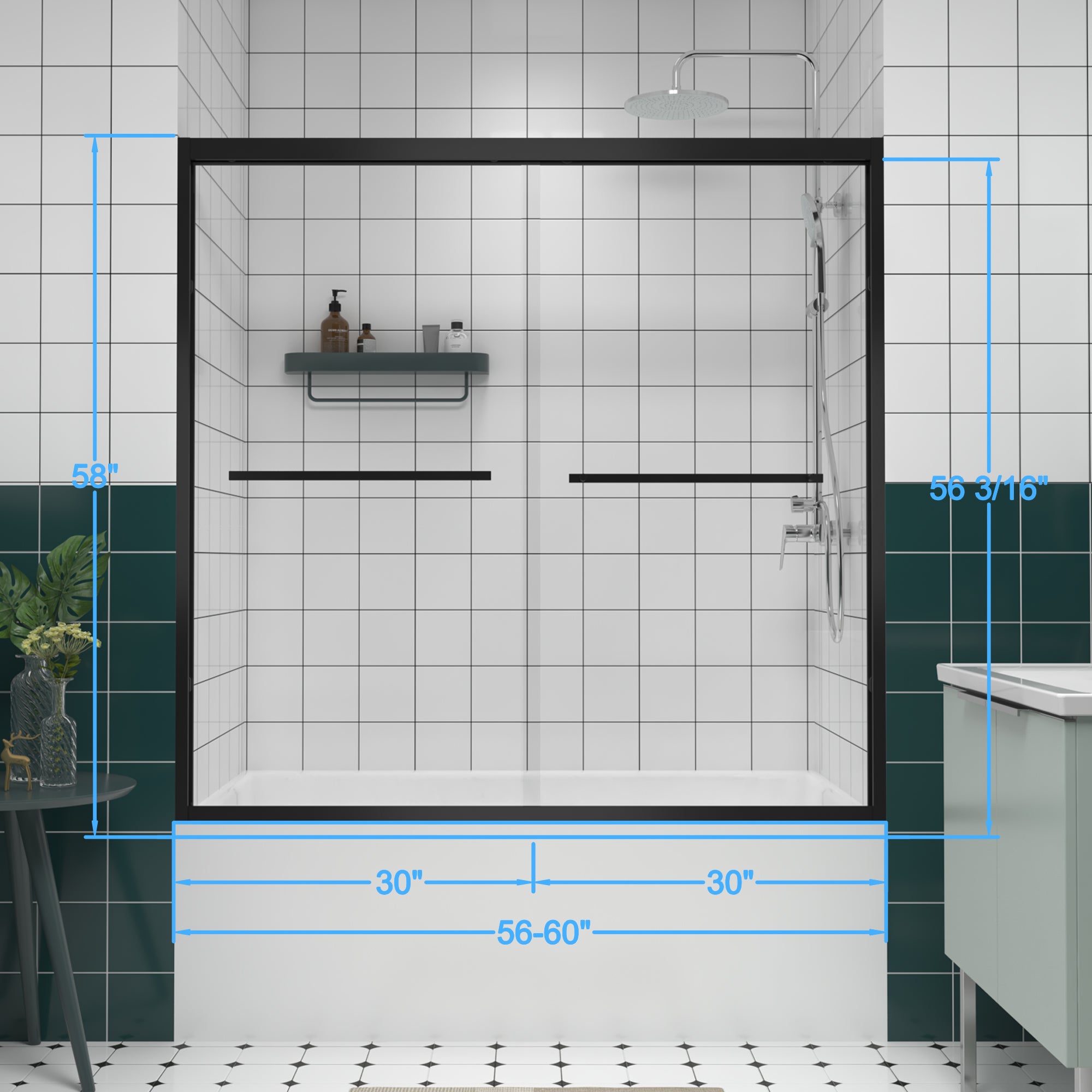 Installed matte black sliding bathtub door over a tub