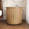 Mid century round cylinder end table with USB charging station, front view