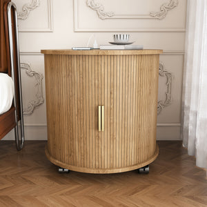 Mid century round cylinder end table with USB charging station, front view