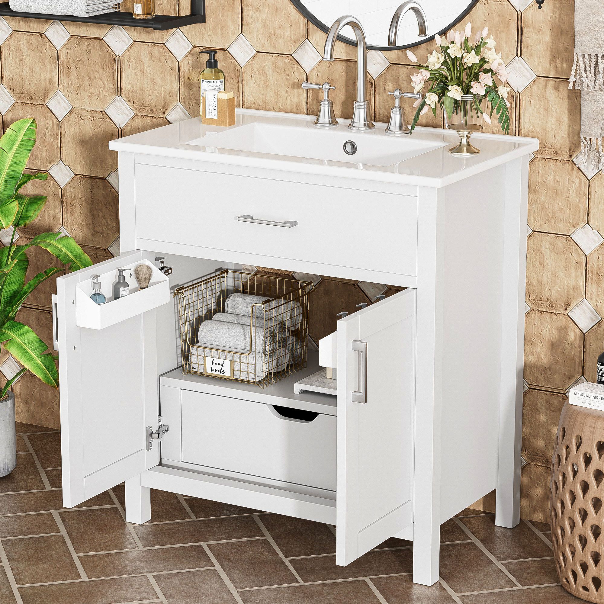 Compact bathroom vanity with ceramic sink and storage cabinet, angled view