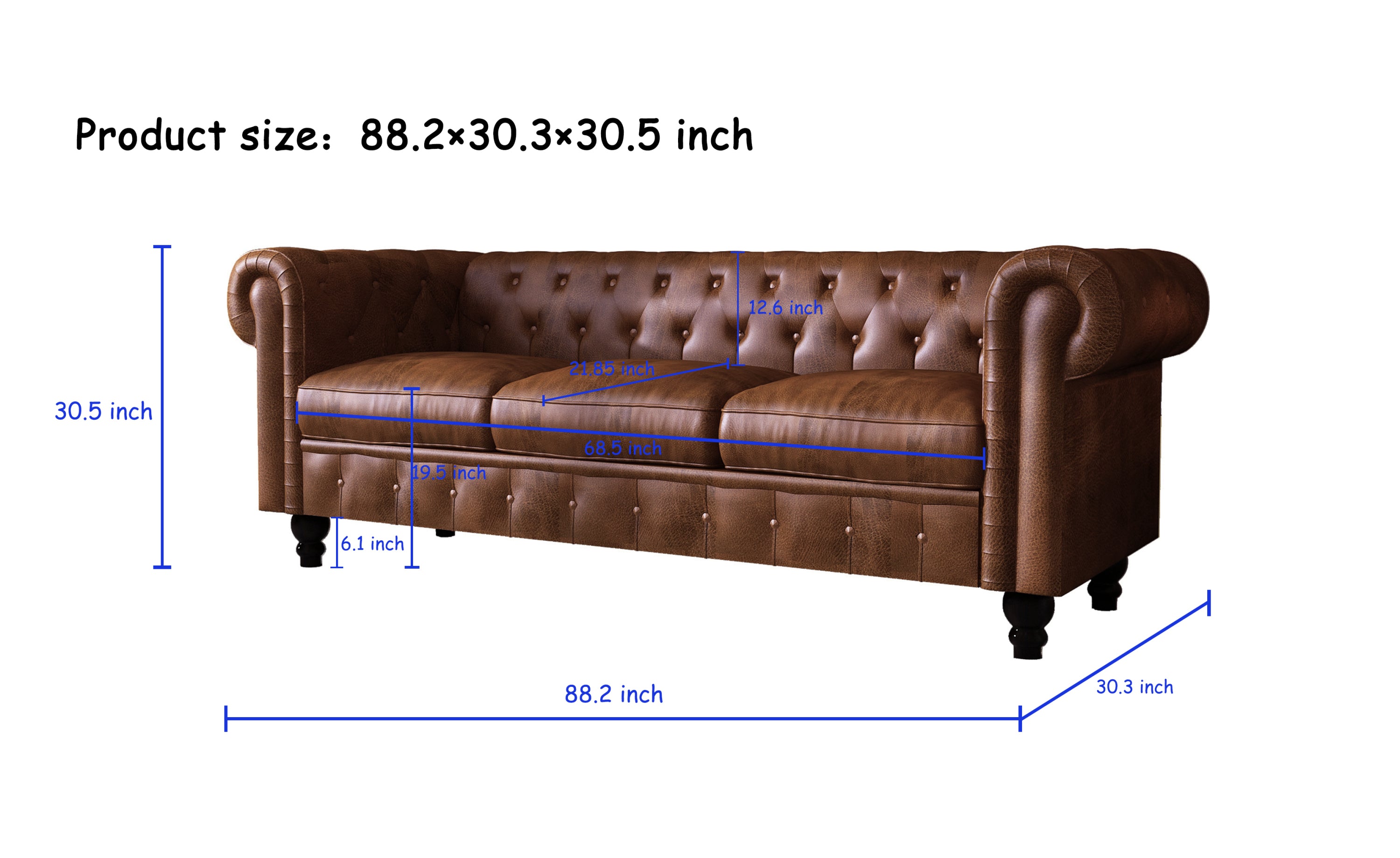 FX-P80P-PU3(SOFA) 3-seat Living Room Upholstered Sofa Modern Sofa Couches Set Style Button Tufted, PU Chesterfield Sofa for Living Room Apartment