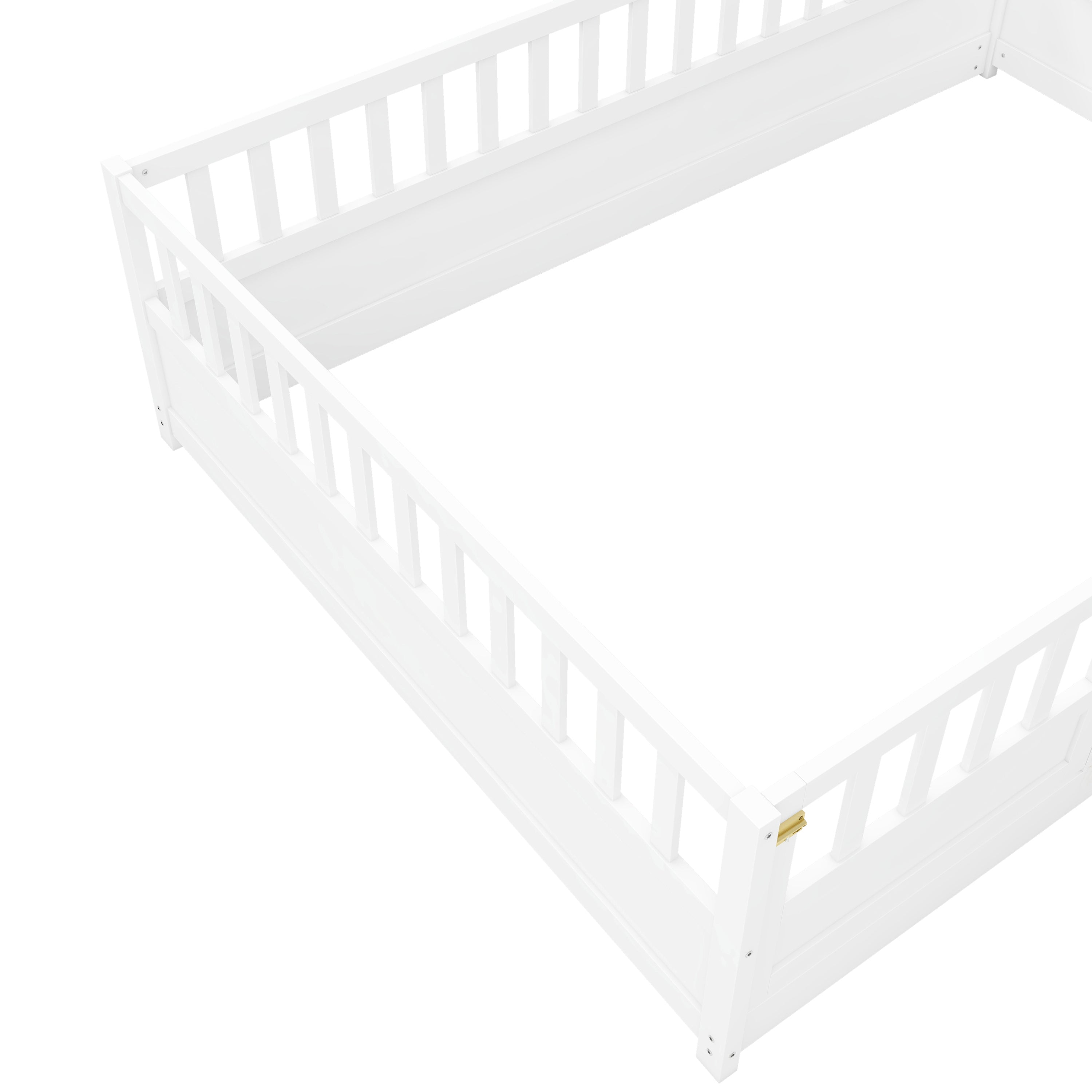 Full size  Floor bed, integral construction with super high security barrier, door, children's floor bed frame, Montessori wooden children's floor bed, white