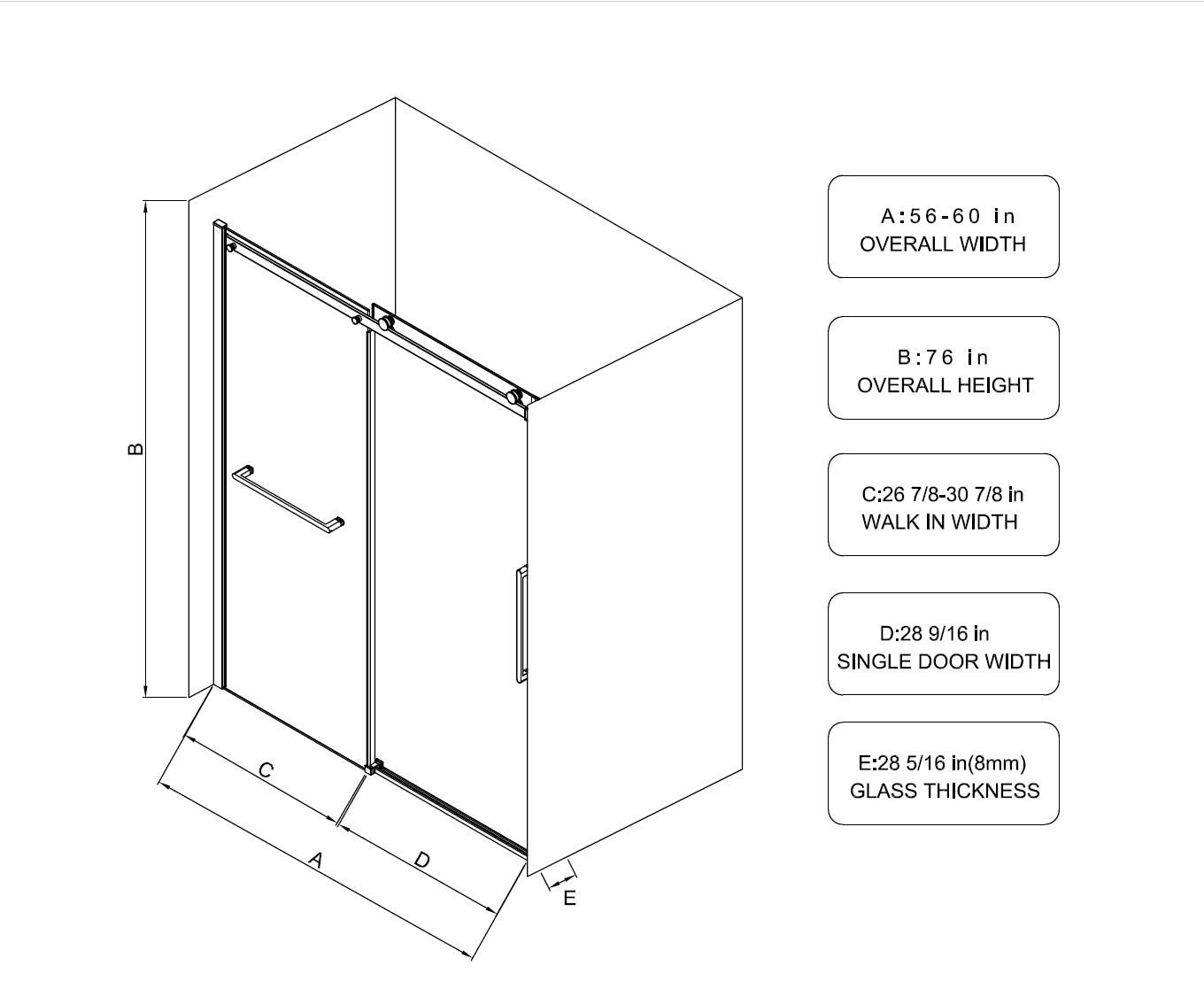 S-RM6076TB 56-60"W x 76"H Sliding Shower Door, Frameless Glass Shower Door with Matte Black Hardware, Towel Bar and Handle