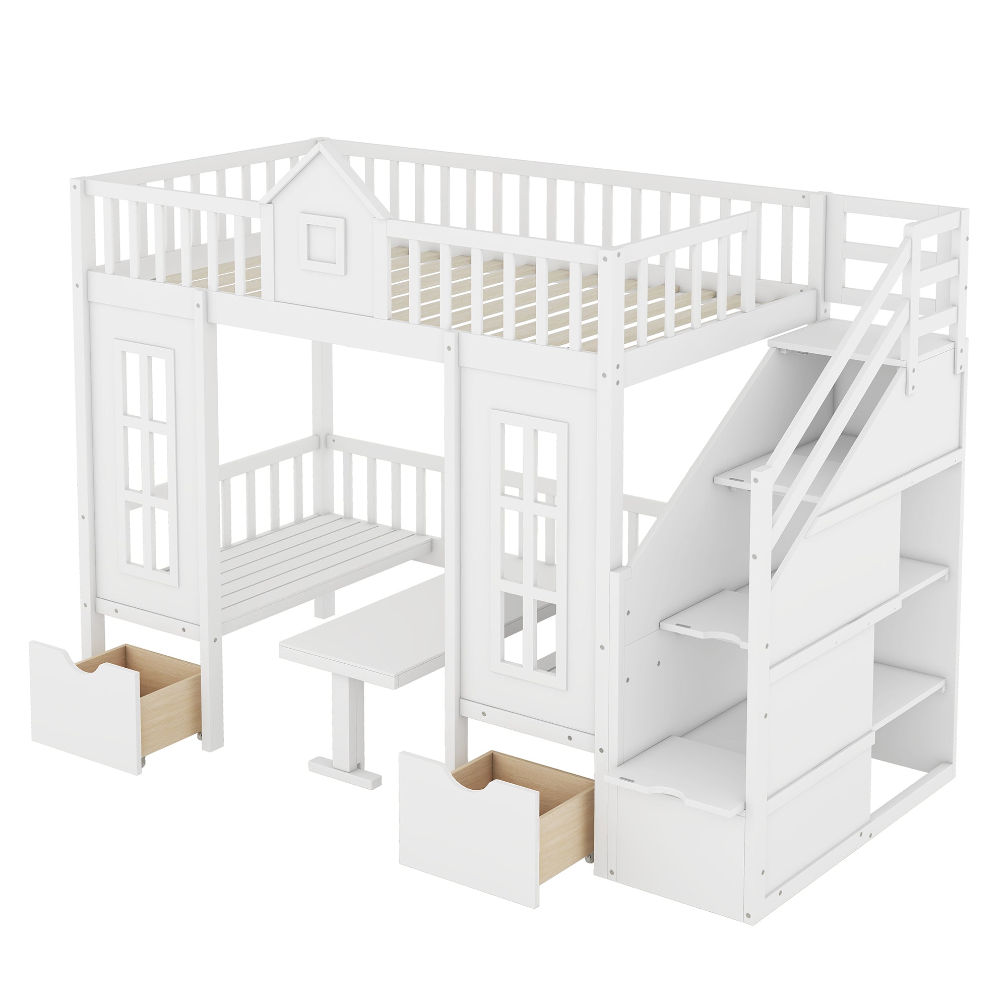 Twin-Over-Twin Bunk Bed with Changeable Table, Bunk Bed Turn into Upper Bed and Down Desk -White