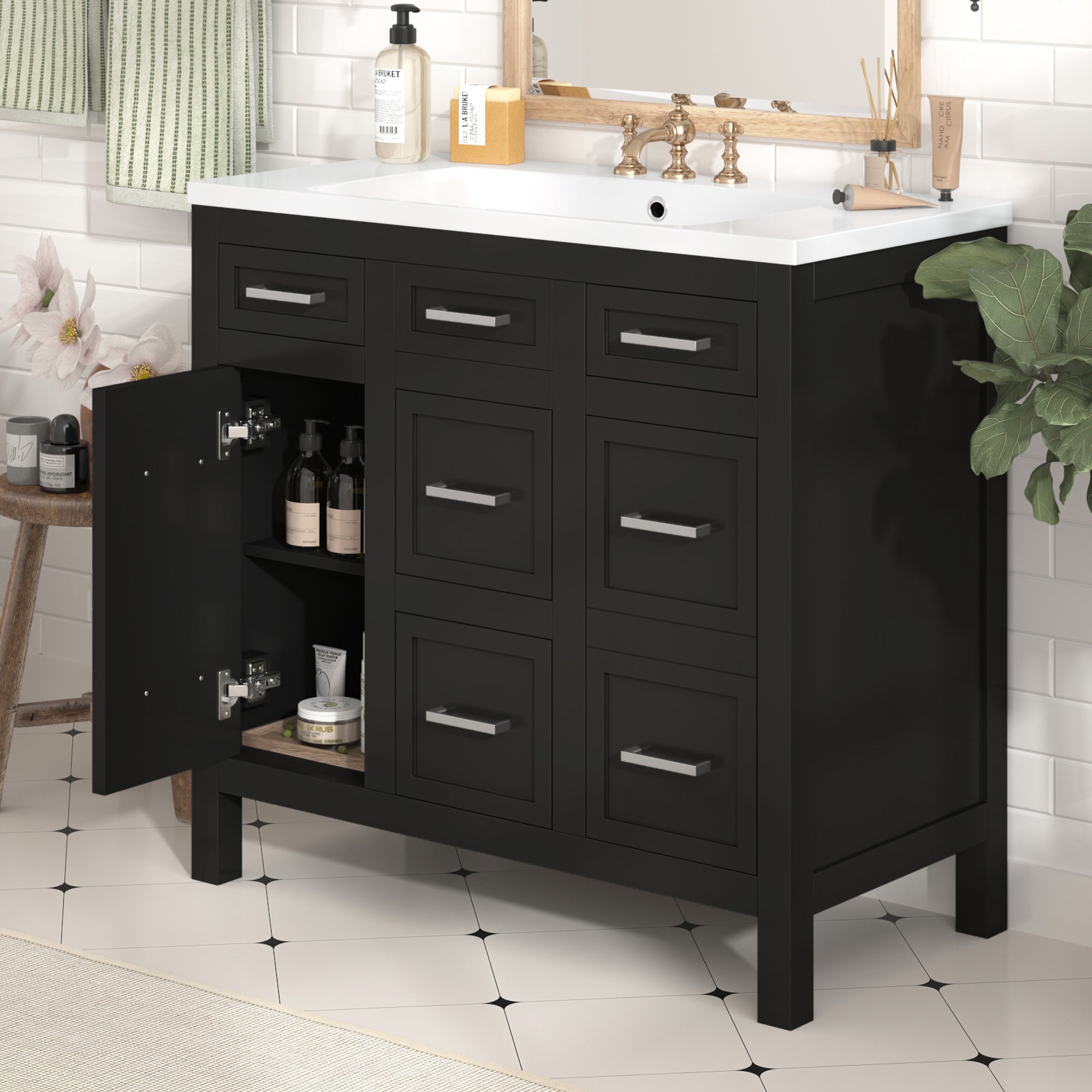 36" Bathroom Vanity Cabinet with Resin Integrated Sink - 4 Drawers, 2 Doors