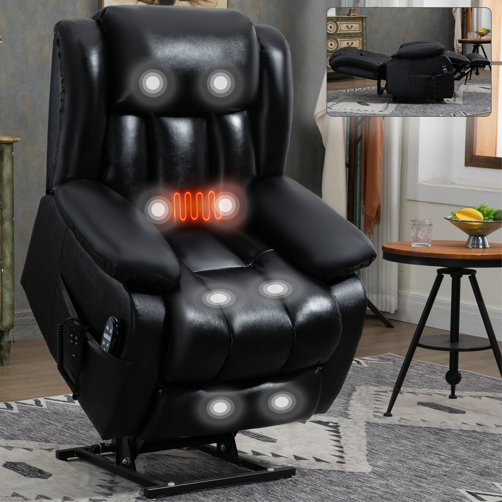 Dual Motor Infinite Position Up to 350 LBS Electric Medium size Genuine Leather Black Power Lift Recliner Chair with 8-Point Vibration Massage and Lumbar Heating