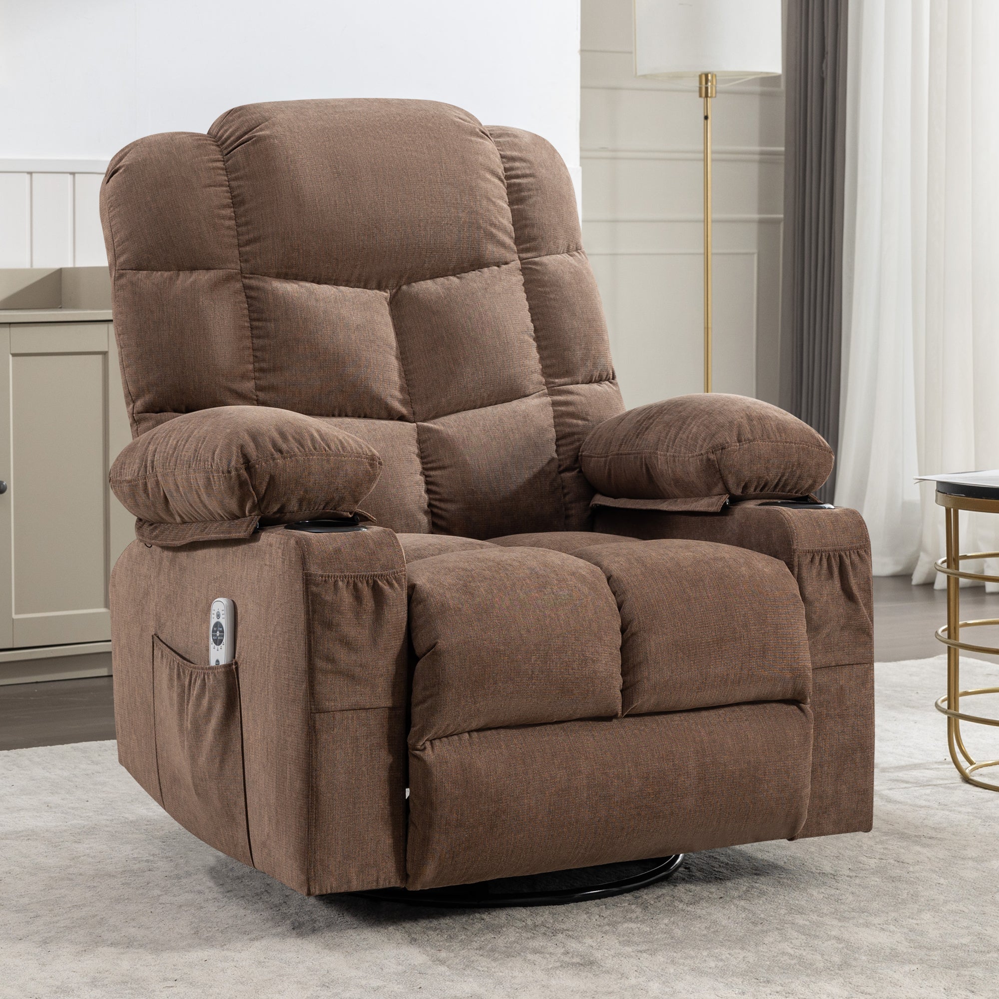 Massage Rocker Recliner Chair Rocking Chairs for Adults Oversized with 2 Cup Holders, USB Charge Port Soft Features a Manual Massage and Heat.(A+B)BROWN