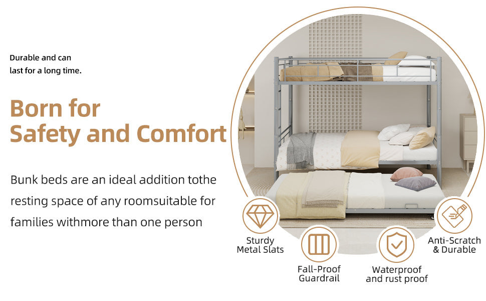 Twin metal triple bunk bed, heavy-duty steel silver frame, full view
