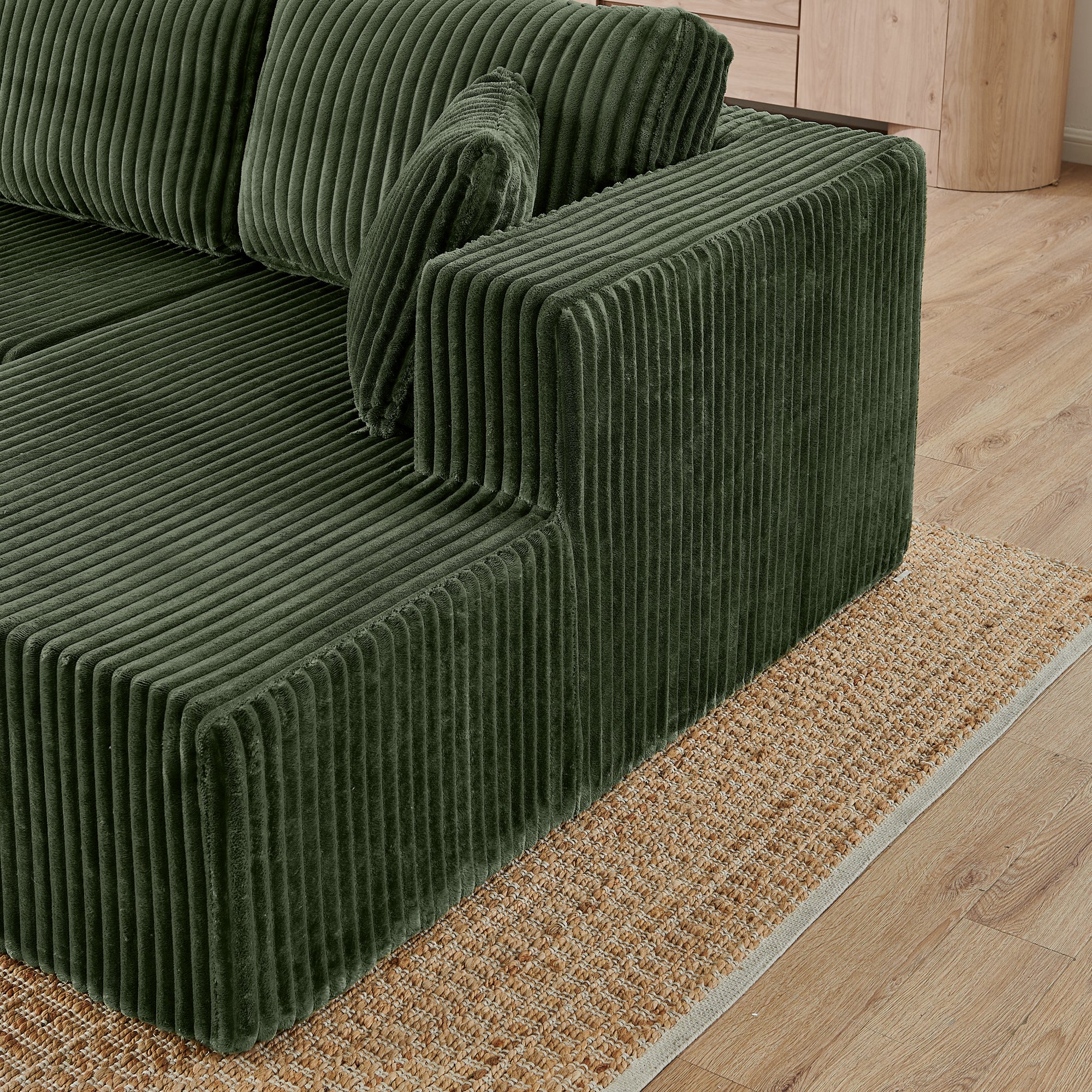 Green corduroy modular sleeper sectional sofa, seating configuration view