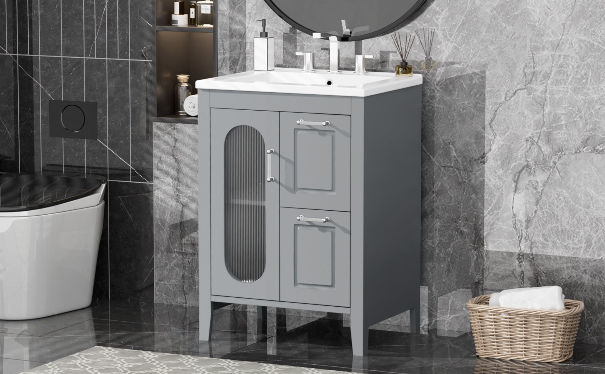 24" Bathroom Vanity with Sink, Bathroom Vanity Cabinet with Two Drawers and Door, Adjustable Shelf, Solid Wood and MDF, Grey