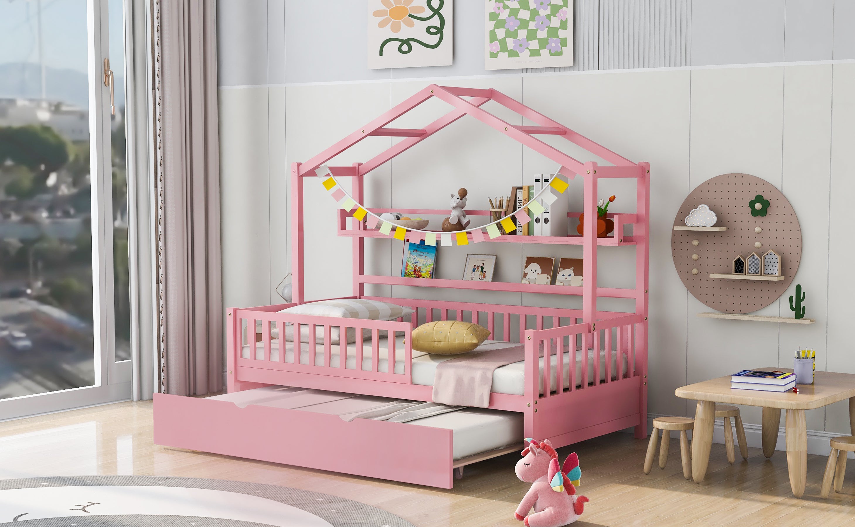 Wooden Twin Size House Bed with Trundle,Kids Bed with Shelf, Pink