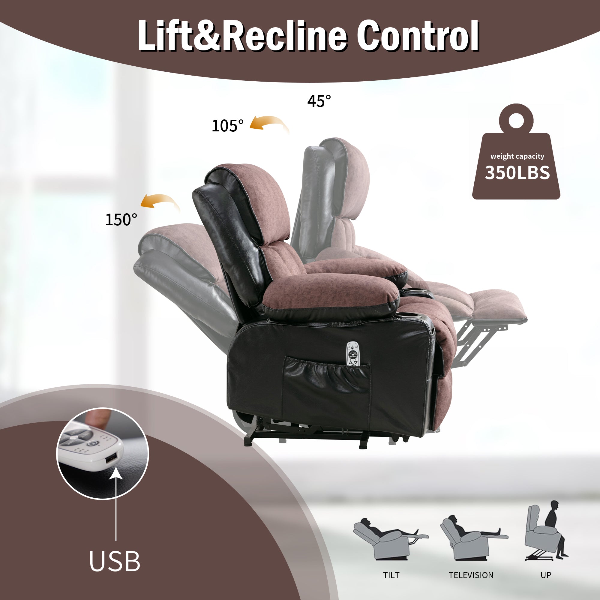 Power Electric massage lift lounge chair, suitable for the elderly, with heating and vibration functions,Fleece leather with USB, can be used for lying down. BLACK BROWN A+B box