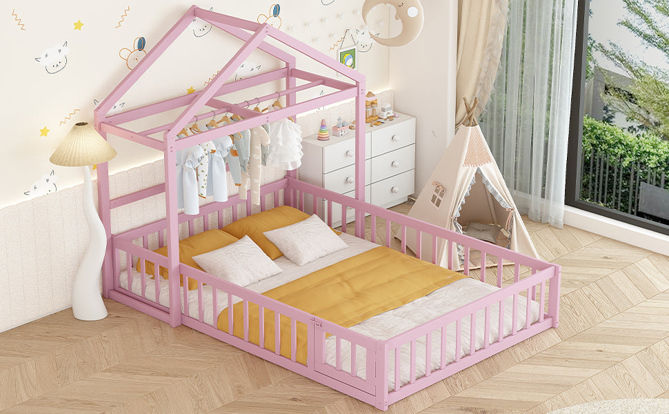 Wooden Floor Bed with Fence Railings and Detachable House Shape Headboard,Full Size Bed with Kids Dress Up Rack, Kids Montessori Style Playhouse Frame for Girls Boys, Pink