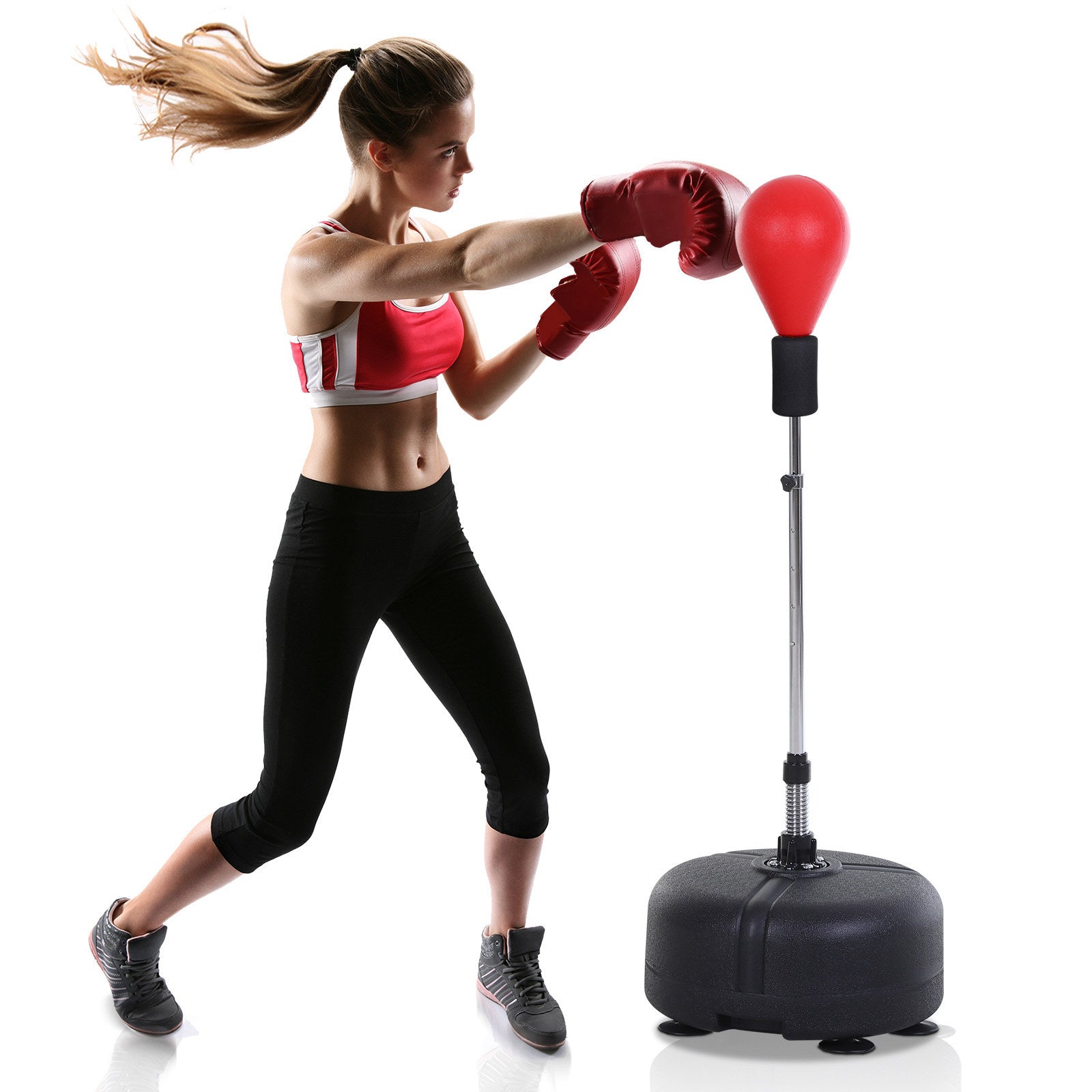 Soozier Free Standing Punching Bag with Stand and Boxing Gloves, Height Adjustable Boxing Bag Set, For Training, Exercise, Fitness & Stress Relief - Red