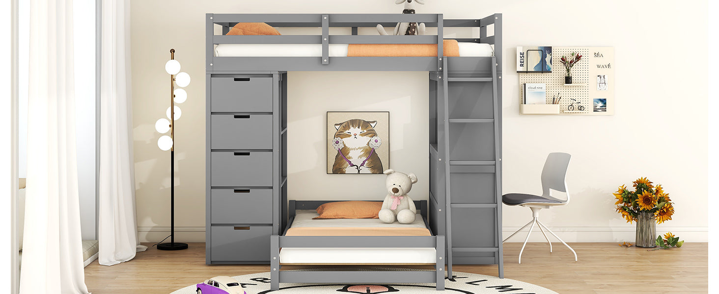 Twin over Twin Bunk Bed with LED Light and USB Ports, Gray