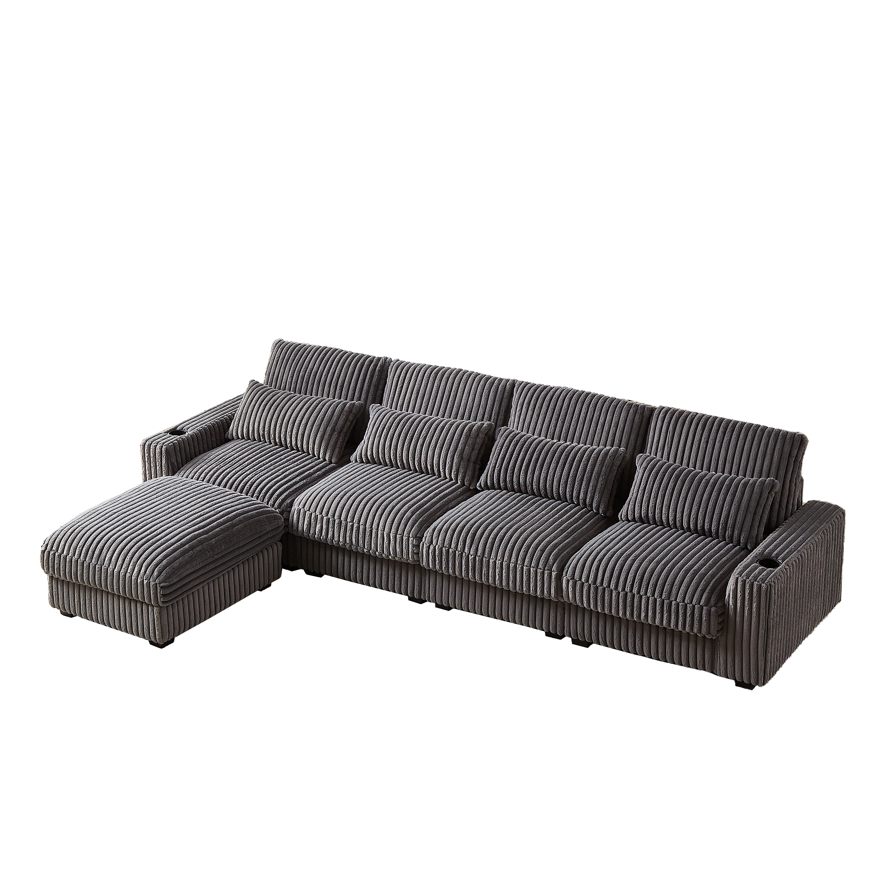 126-inch Corduroy With Cup Holder Super Large L-Shaped Sofa, Movable Footrest, Four Waist Pillows And Four Back Cushion, With USB Port And Type-C Port