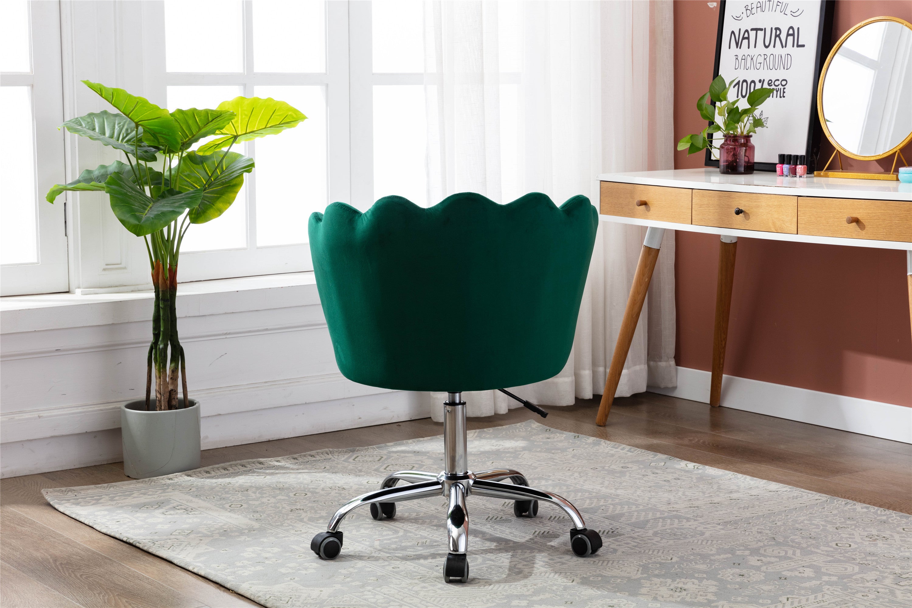 COOLMORE Velvet Home Office Chair with silver Base, Modern Cute Shell Back Upholstered Desk Chair for Vanity, Adjustable Swivel Task Chair for Office(Green Velvet)