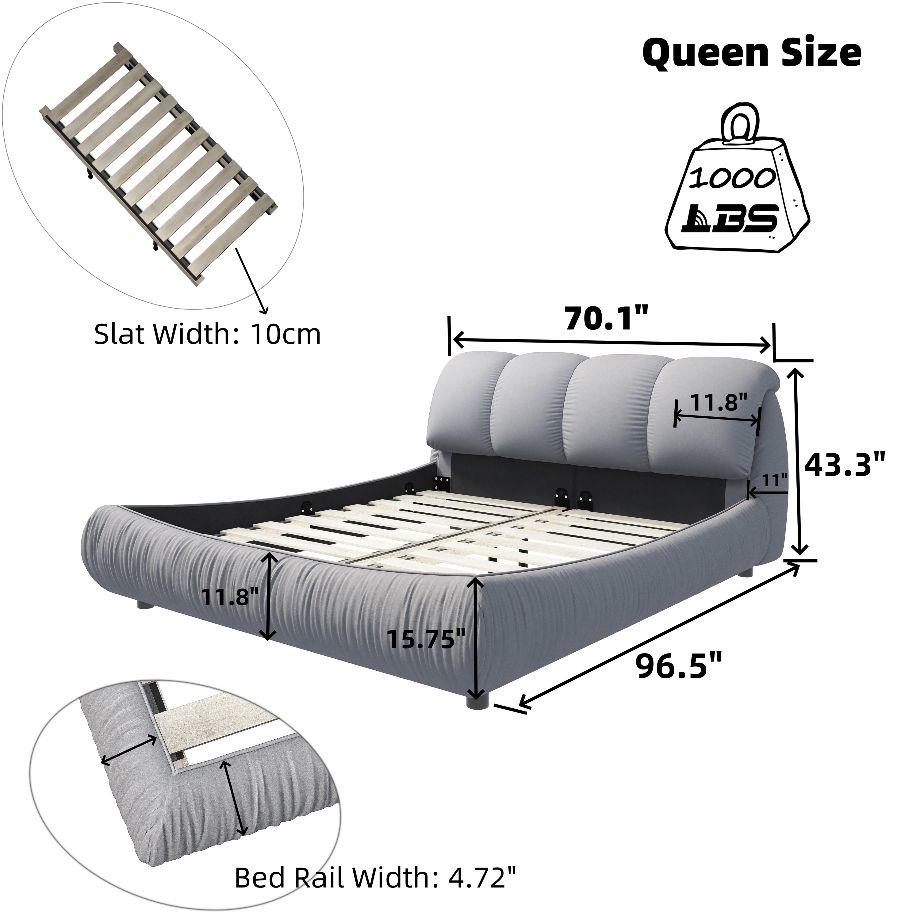 Queen Size Luxury Upholstered Platform Bed with Oversized Padded Backrest and Solid Wood Frame,suitable for Multiple heights of mattresses,Grey(Old Sku:W1885S00006)