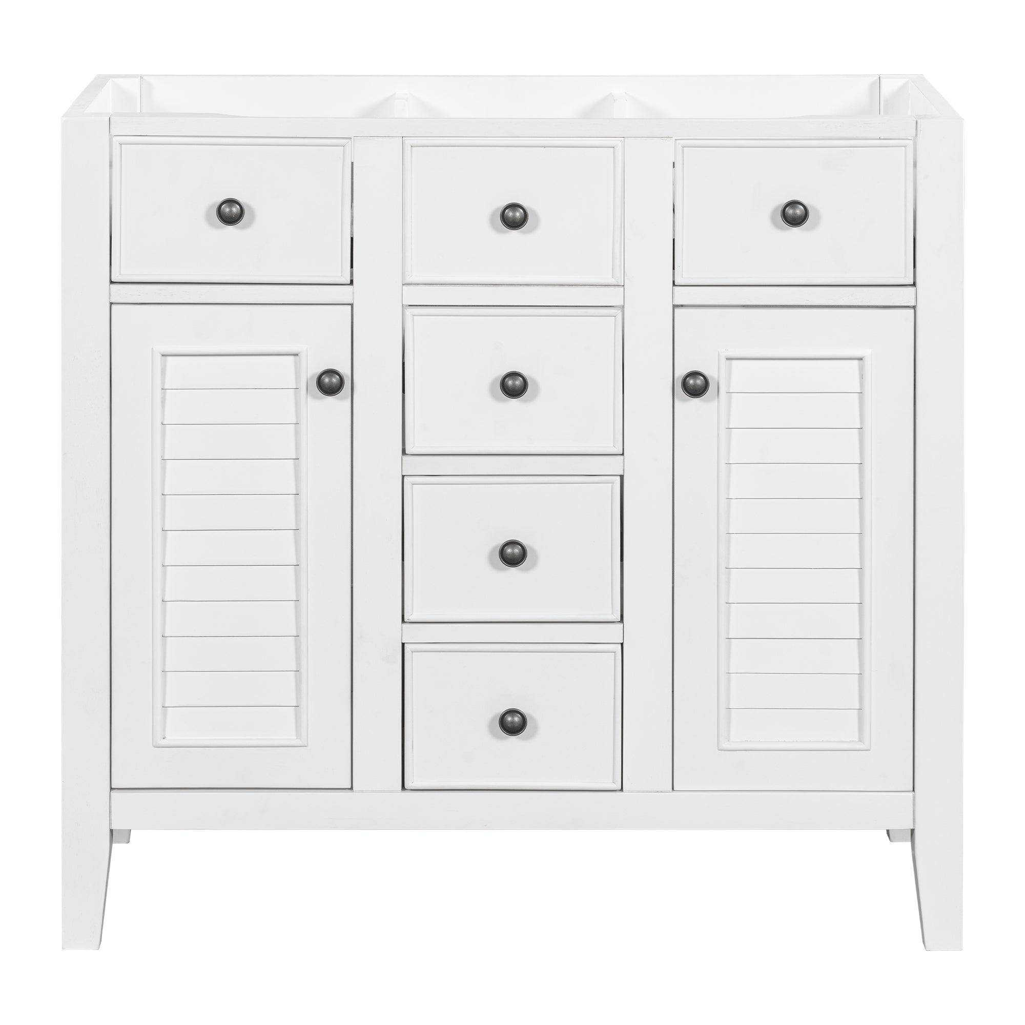 36" Bathroom Vanity without Sink, Cabinet Base Only, Two Cabinets and Five Drawers, Solid Wood Frame, White