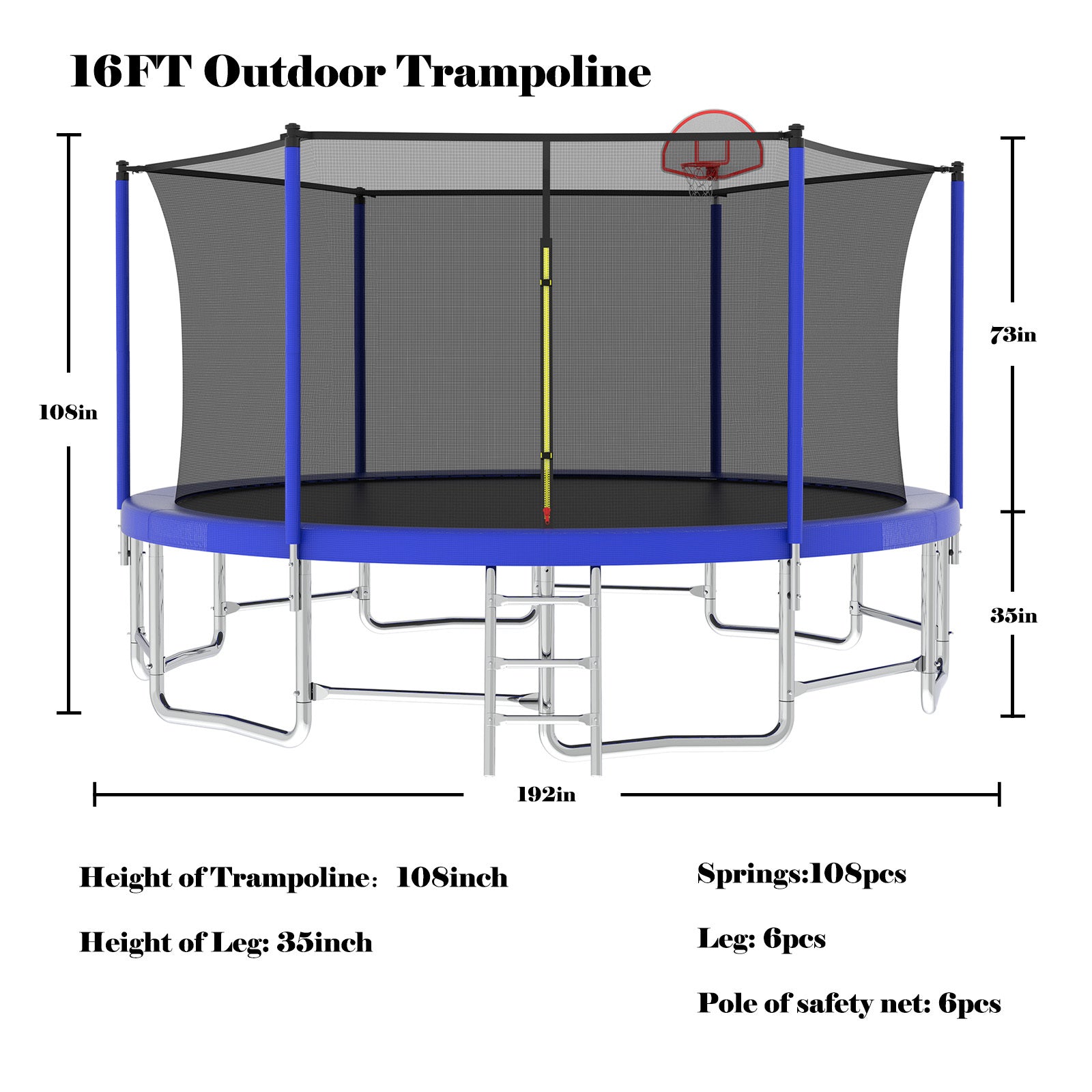 16FT Trampoline with Balance Bar & Basketball Hoop&Ball, ASTM Approved Reinforced Type Outdoor Trampoline with Enclosure Net