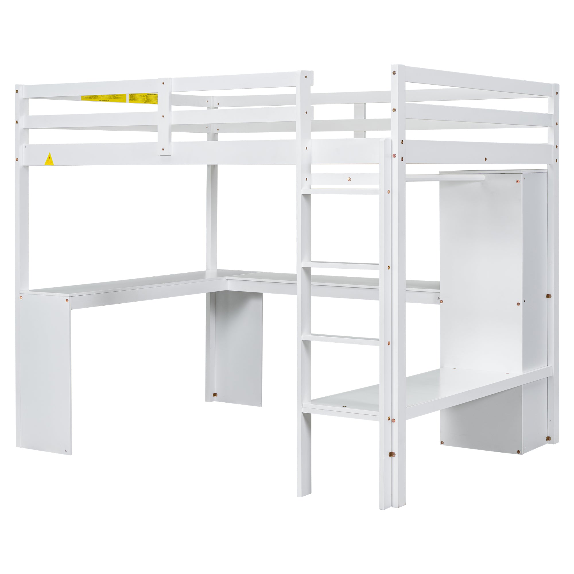 Full Size Loft Bed with L-shaped Desk, Wardrobe and Storage Shelves, White