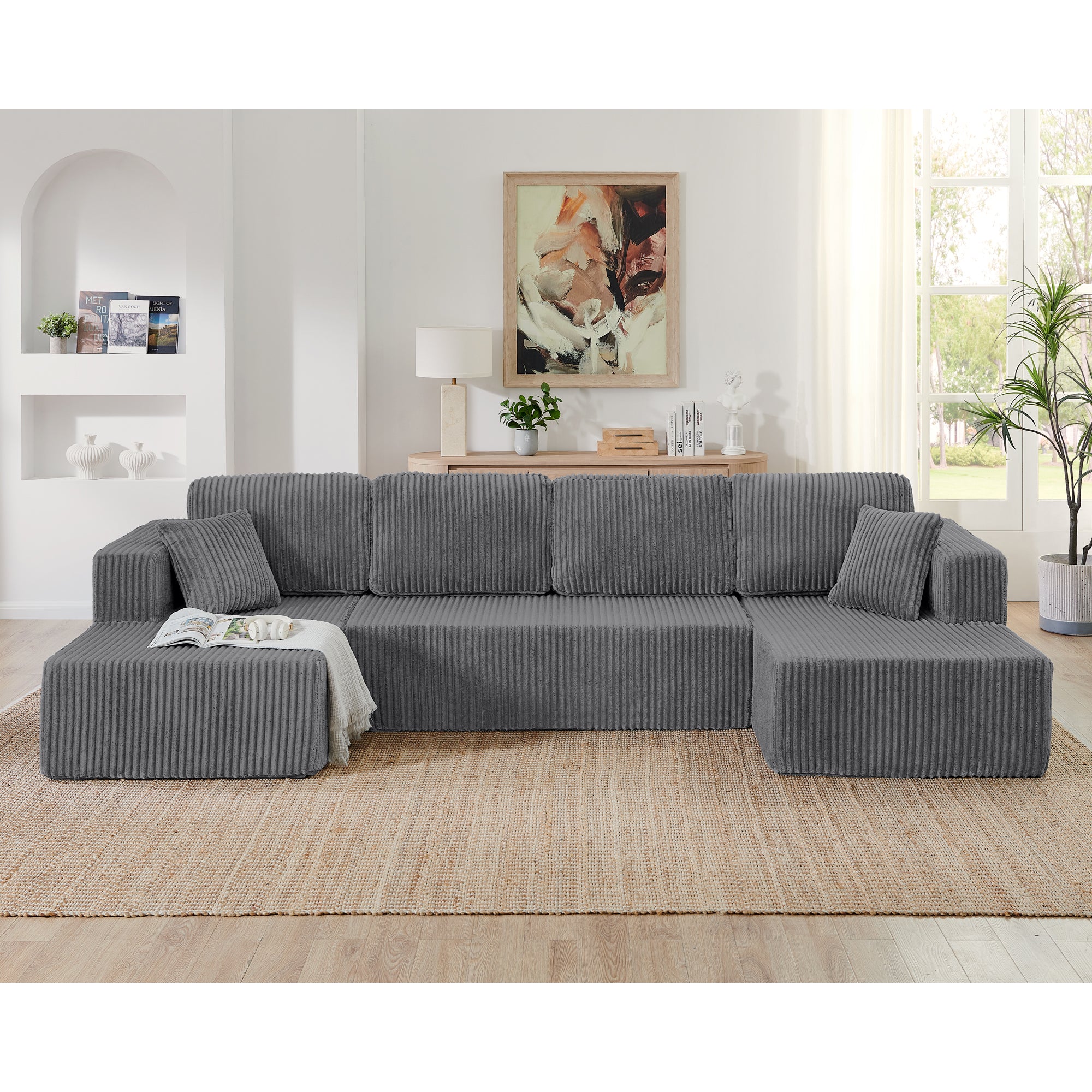 Grey modular sectional sofa, side profile detail