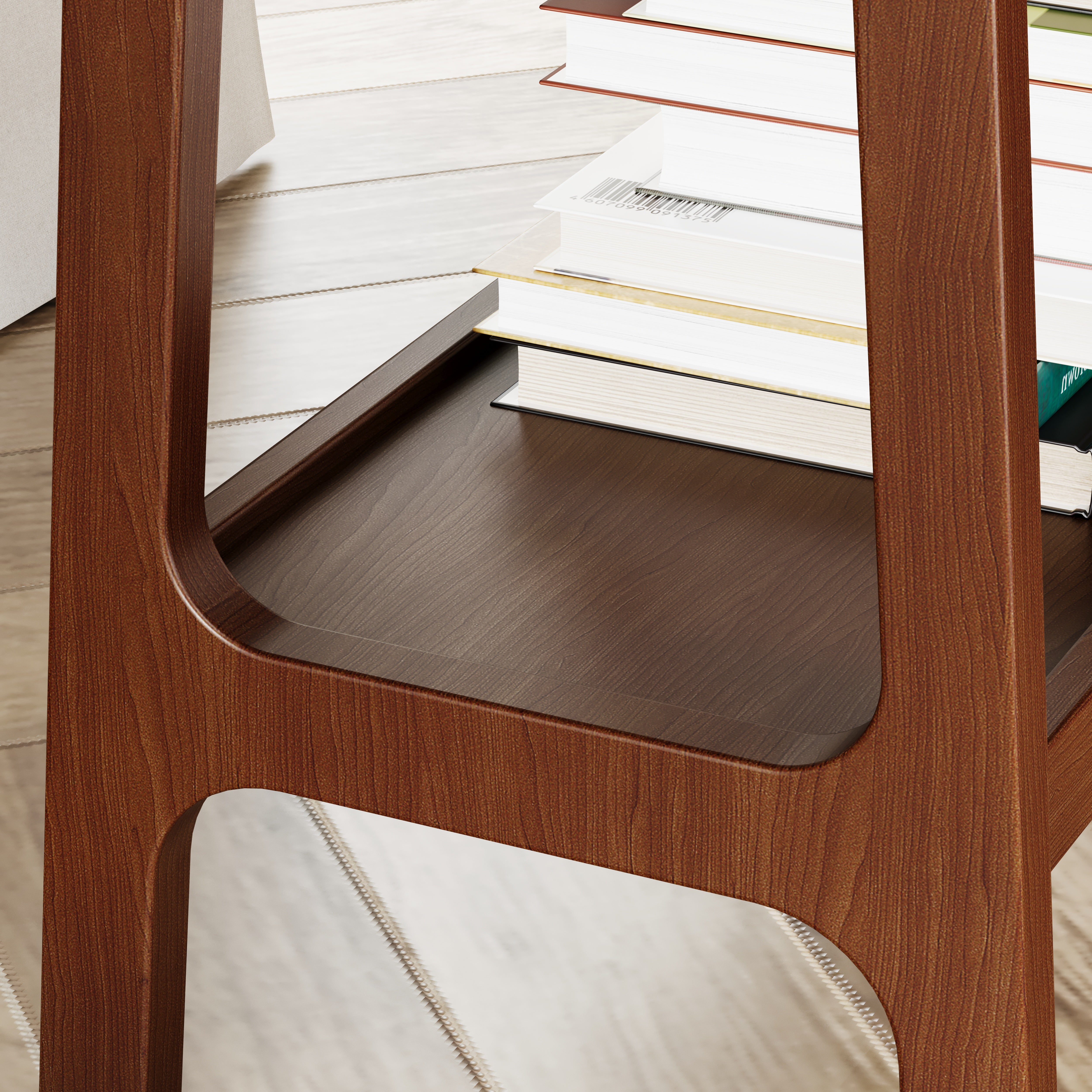 Slim reddish brown bedside nightstand table with lower shelf, styled view