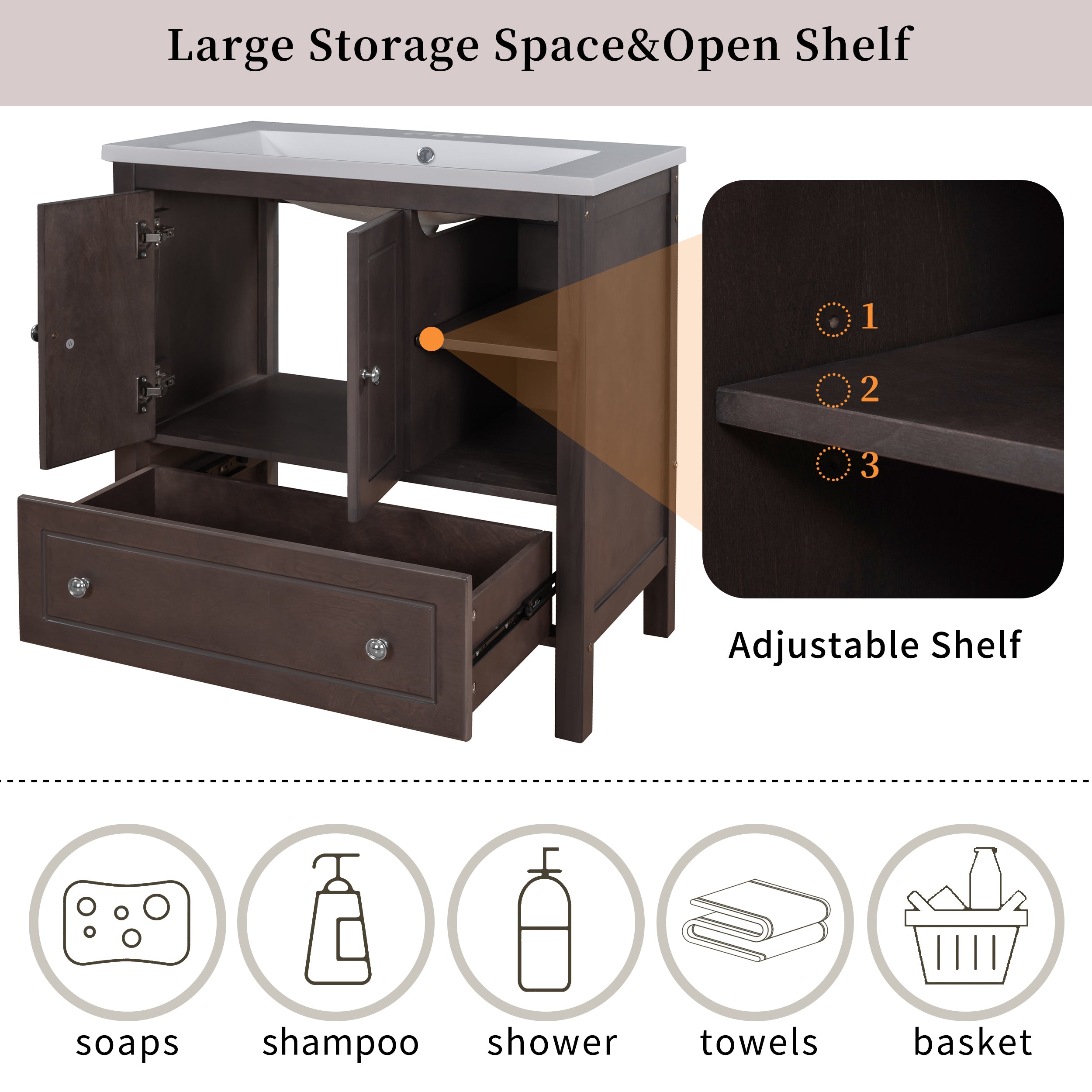 [VIDEO] 30" Bathroom Vanity with Sink, Bathroom Storage Cabinet with Doors and Drawers, Solid Wood Frame, Ceramic Sink, Brown (OLD SKU: JL000002AAD)