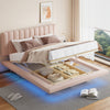 Queen Size Upholstered Floating Bed with LED Light and USB Port, Velvet, Pink, Hydrualic Platform Bed