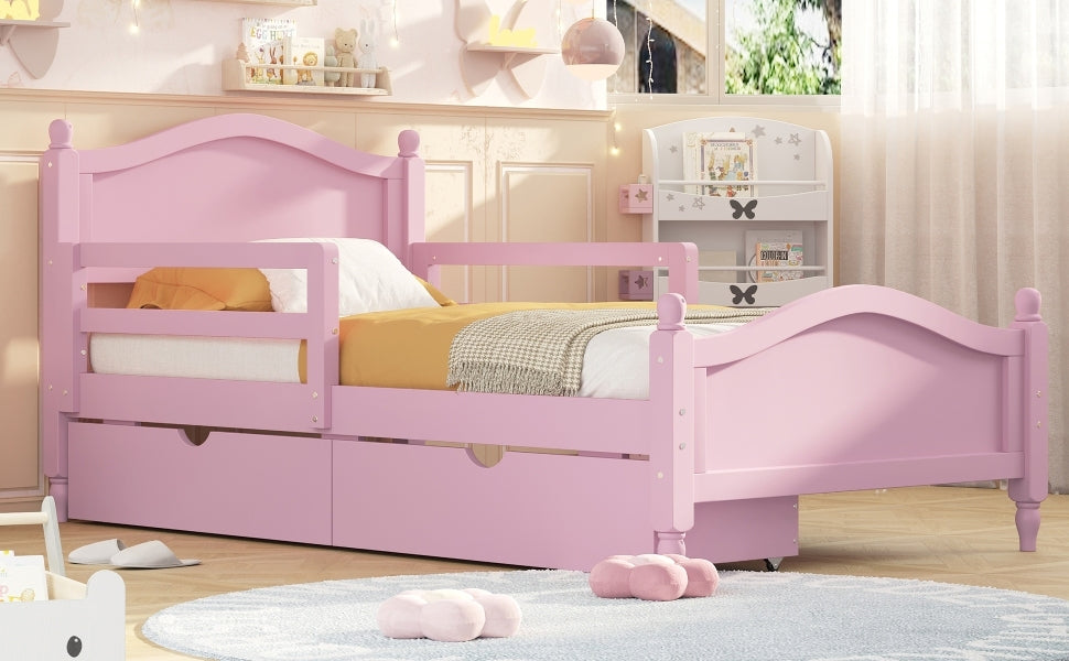 Twin Size Wood Platform Bed with Guardrails on Both Sides and Two Storage Drawers ,Pink