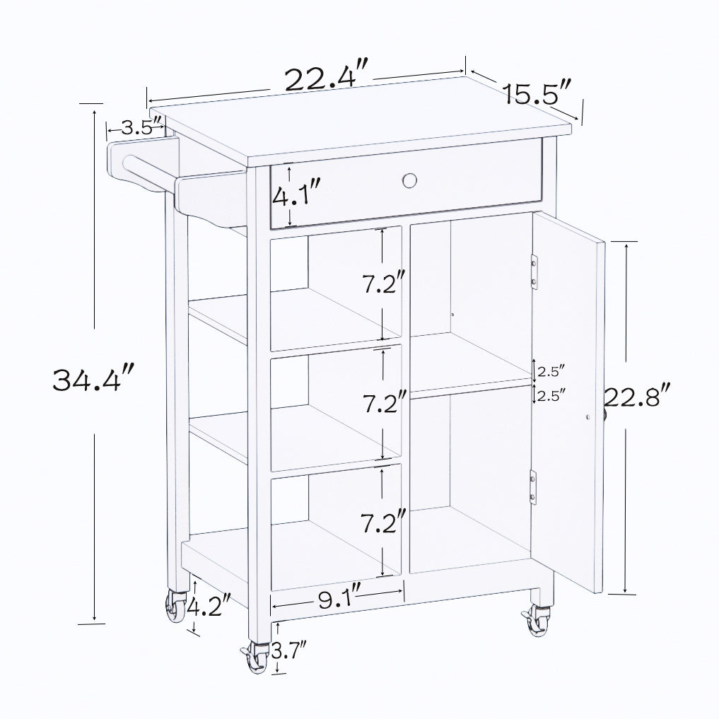 Kitchen island rolling trolley cart with Adjustable Shelves and towel rack rubber wood table top