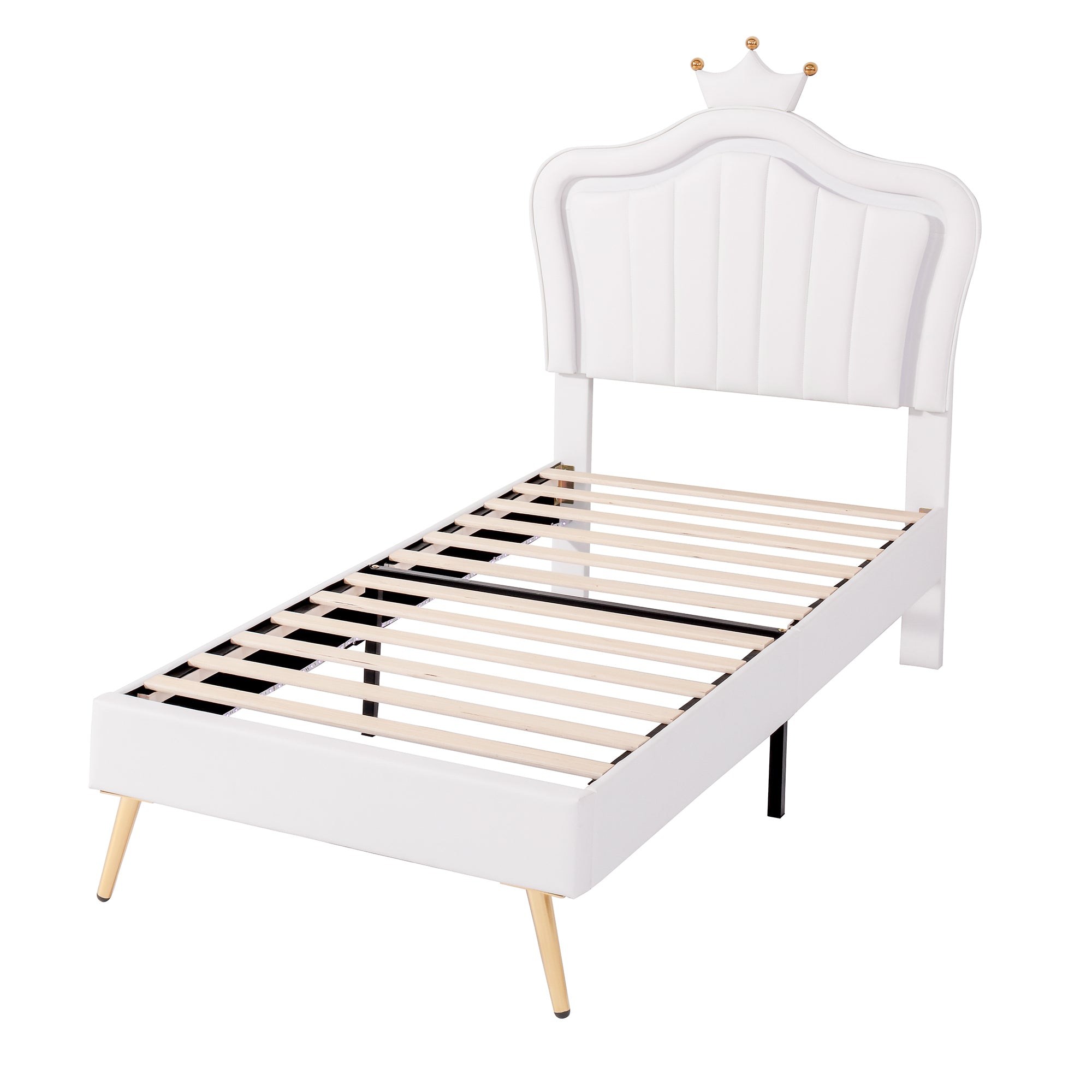 Twin Size Upholstered Bed Frame with LED Lights, Modern Upholstered Princess Bed With Crown Headboard,White