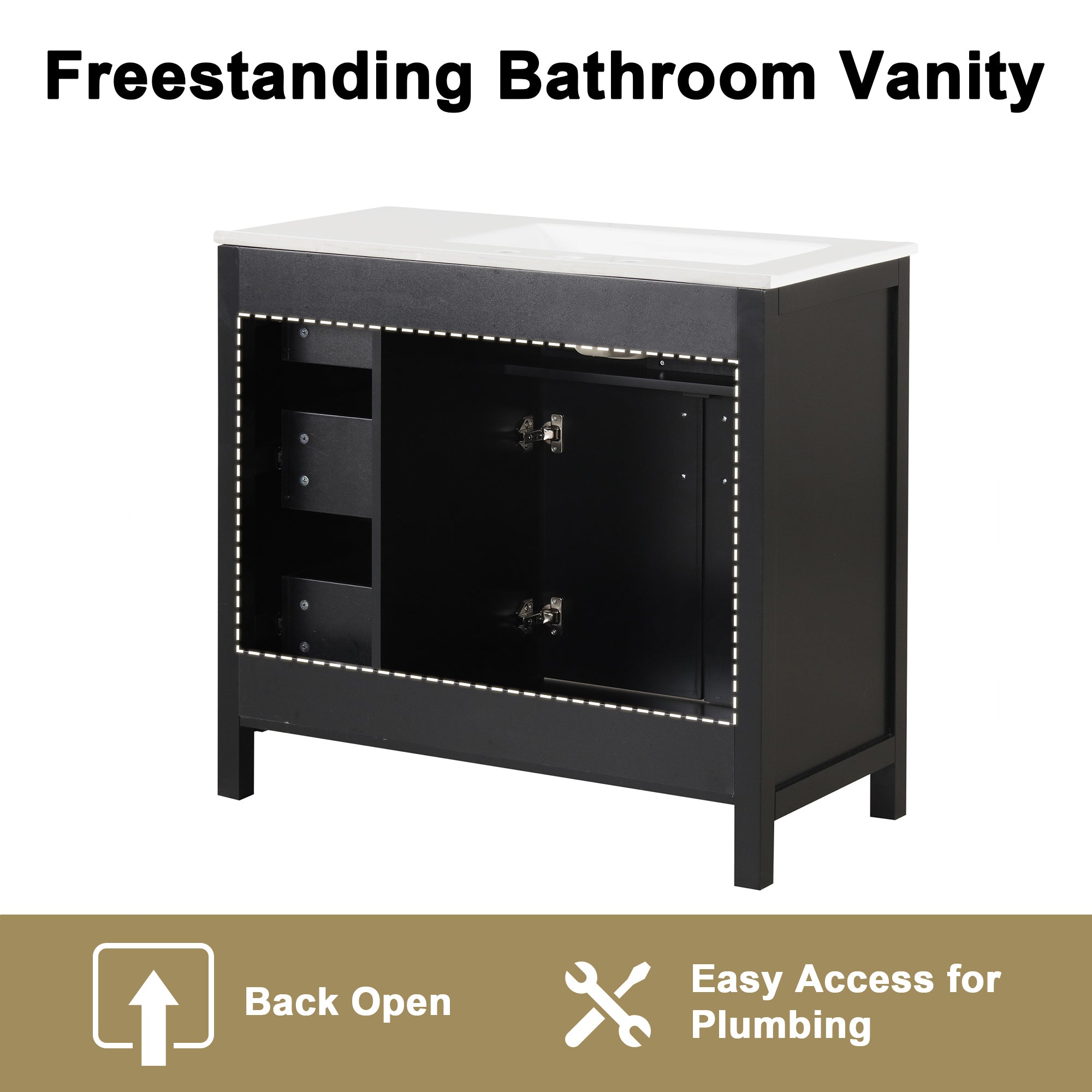 36" Bathroom Vanity with Sink Top, Bathroom Vanity Cabinet with Two Doors and Three Drawers, Solid Wood , MDF Boards ,One Package, Black