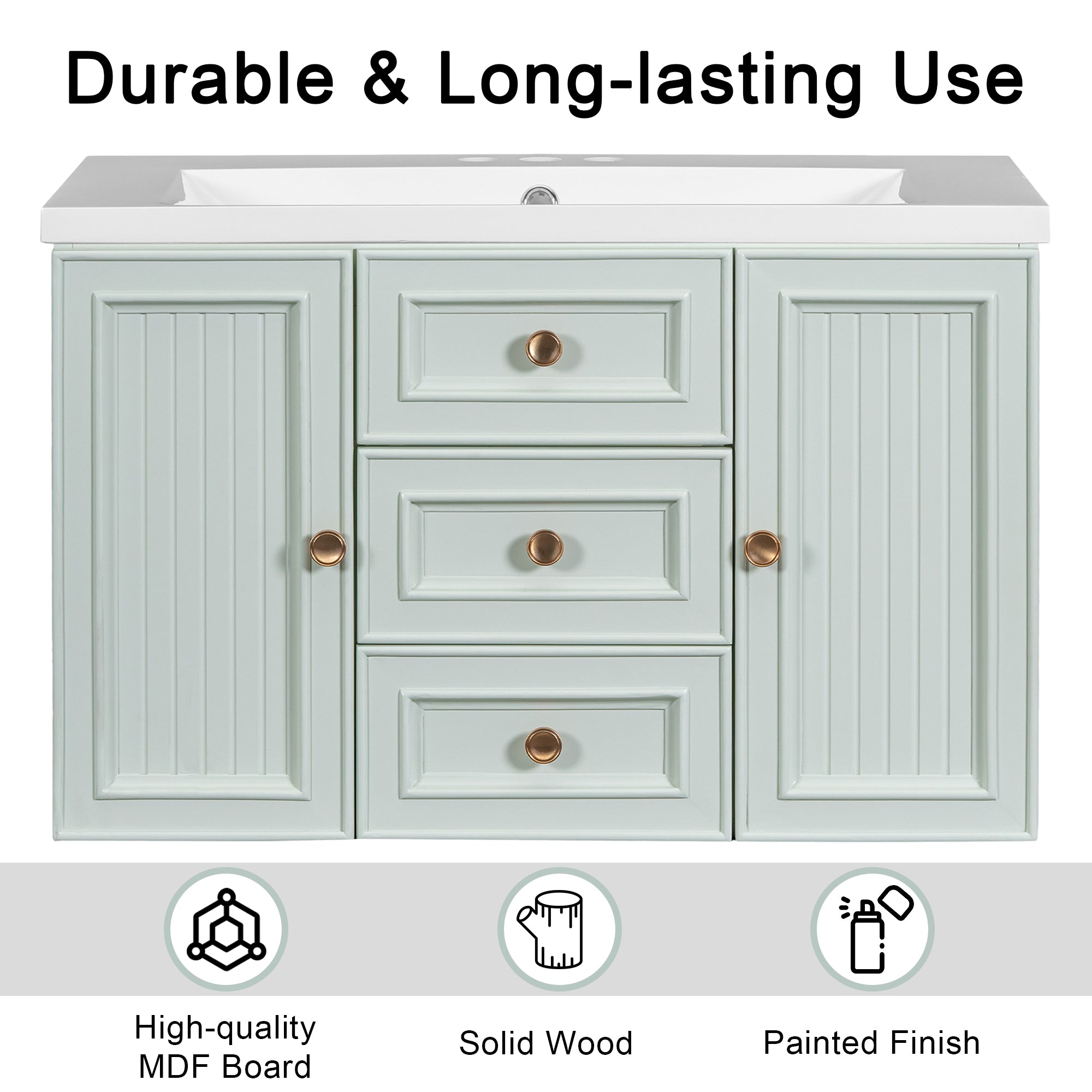 30" Wall Mounted Bathroom Vanity with Sink Combo, Functional Drawer, Solid Wood & MDF Board & Ceramic, Green