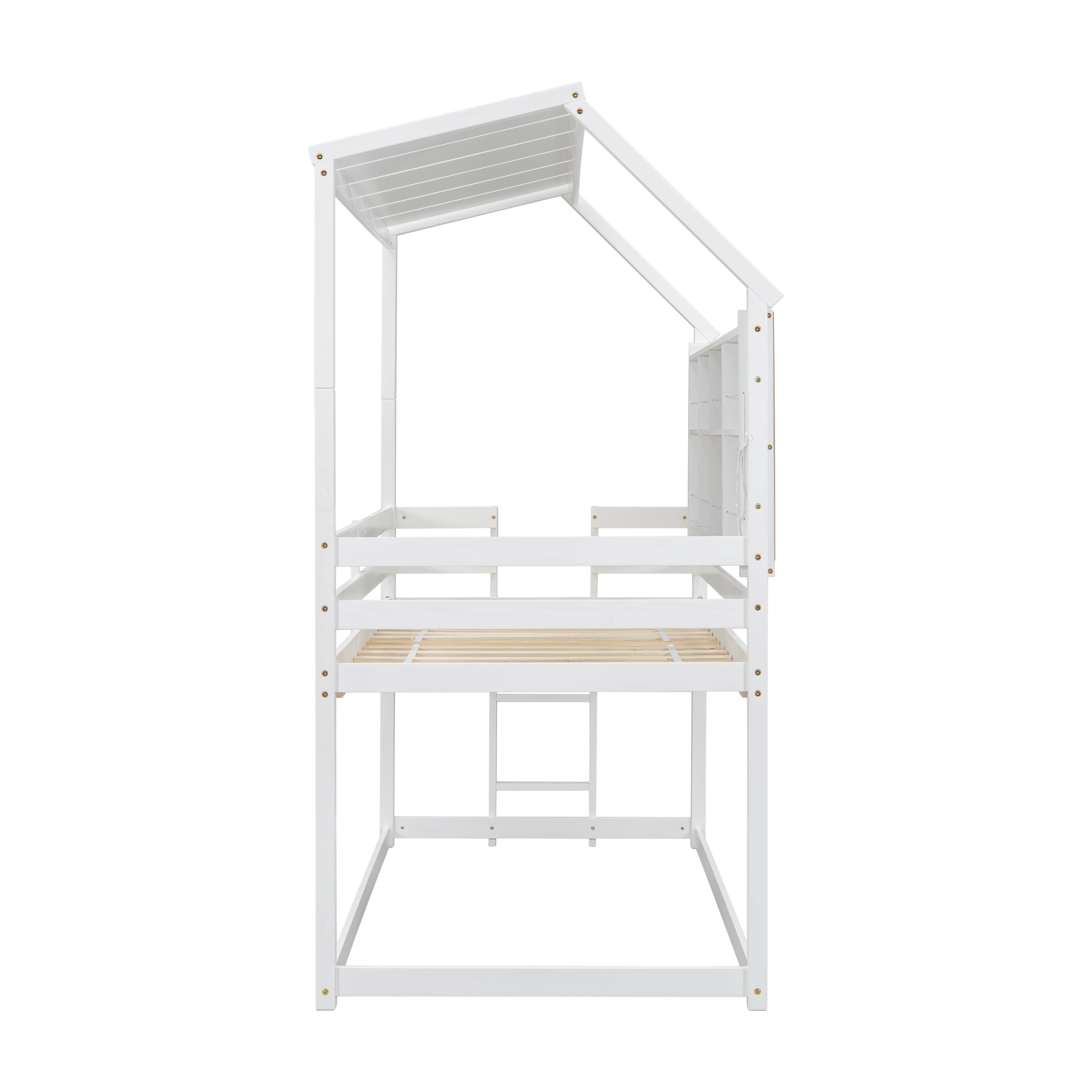 Twin Over Twin Low Bunk Bed with House Semi-enclosed Roof,Guardrails, Bedside Shelves and Ladder, White