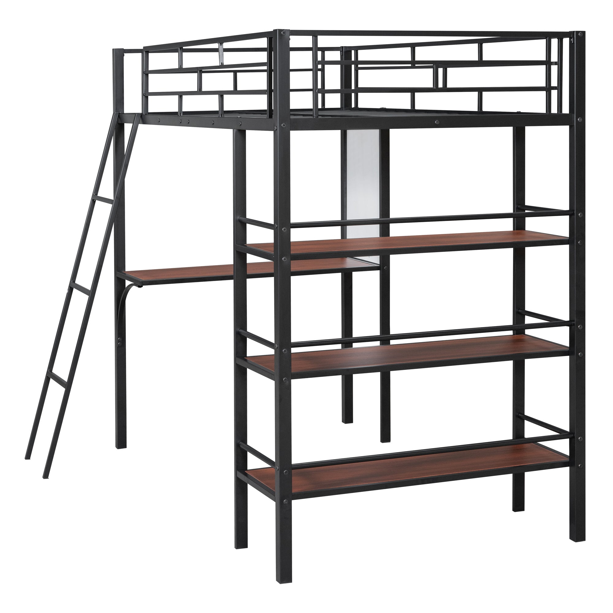 Twin Size Loft Metal Bed with 3 Layers of Shelves and Desk, Stylish Metal Frame Bed with Whiteboard, Black