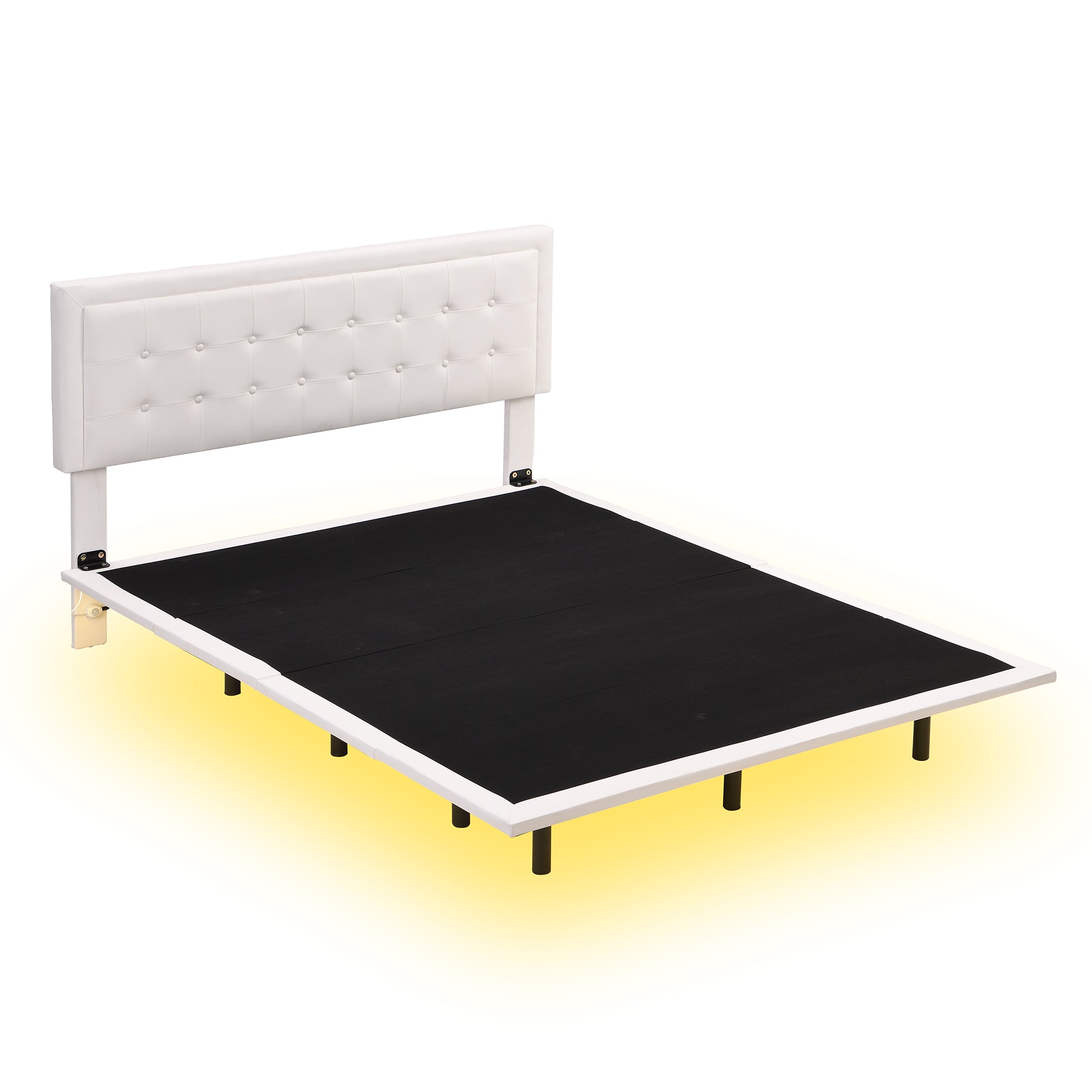 Queen Size Floating Bed Frame with Motion Activated Night Lights,Modern PU Upholstered Button Tufted Platform Bed Frame,White