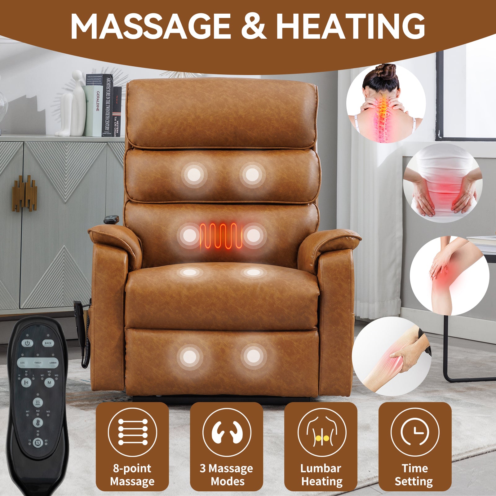 Brown Leatheraire Dual Motor Infinite Position Up to 350 LBS Power Lift Recliner Chair with Power-Remote, Heat Massage and Heavy Duty Motion Mechanism