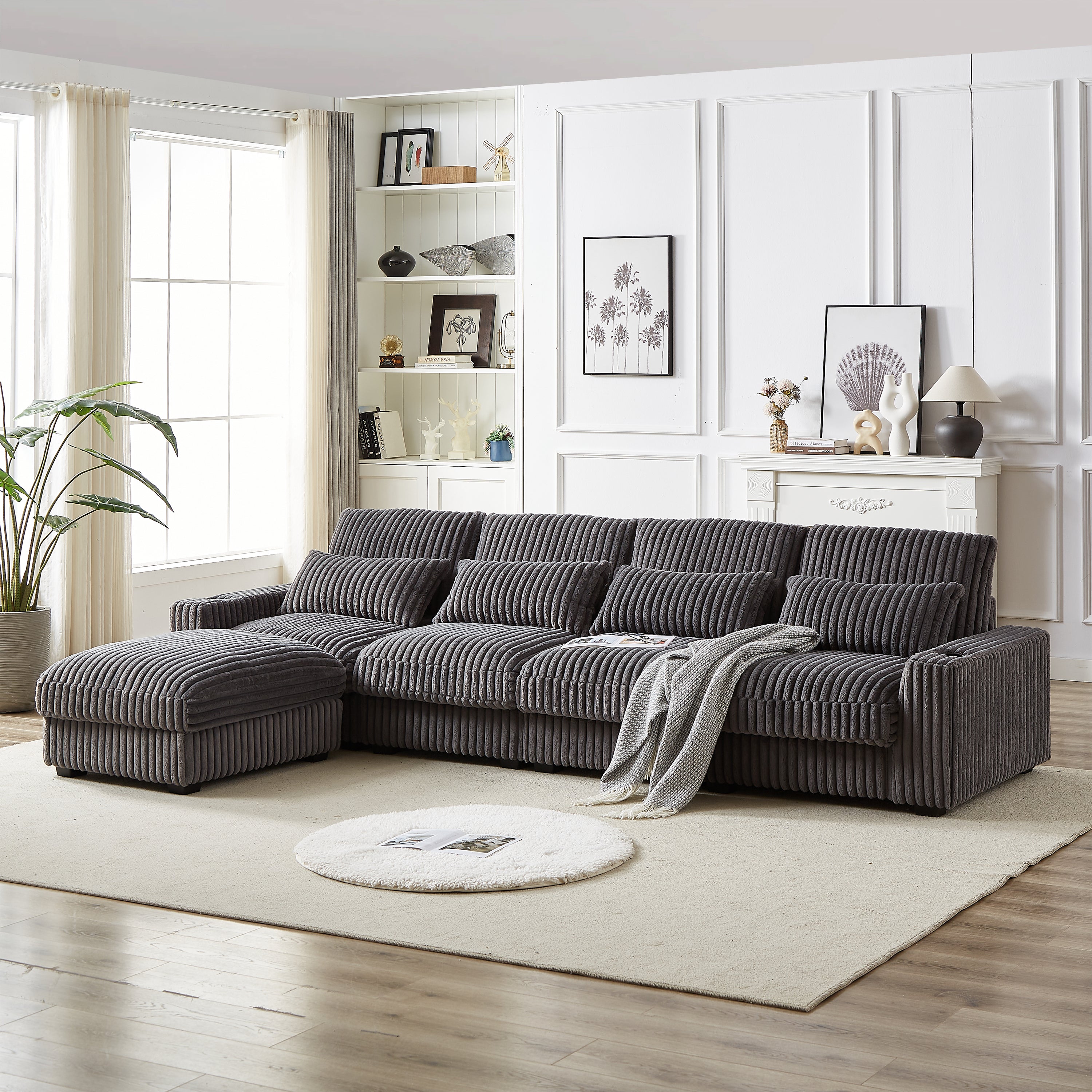 126-inch Corduroy With Cup Holder Super Large L-Shaped Sofa, Movable Footrest, Four Waist Pillows And Four Back Cushion, With USB Port And Type-C Port