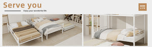 White twin metal triple bunk bed, three-tier front view