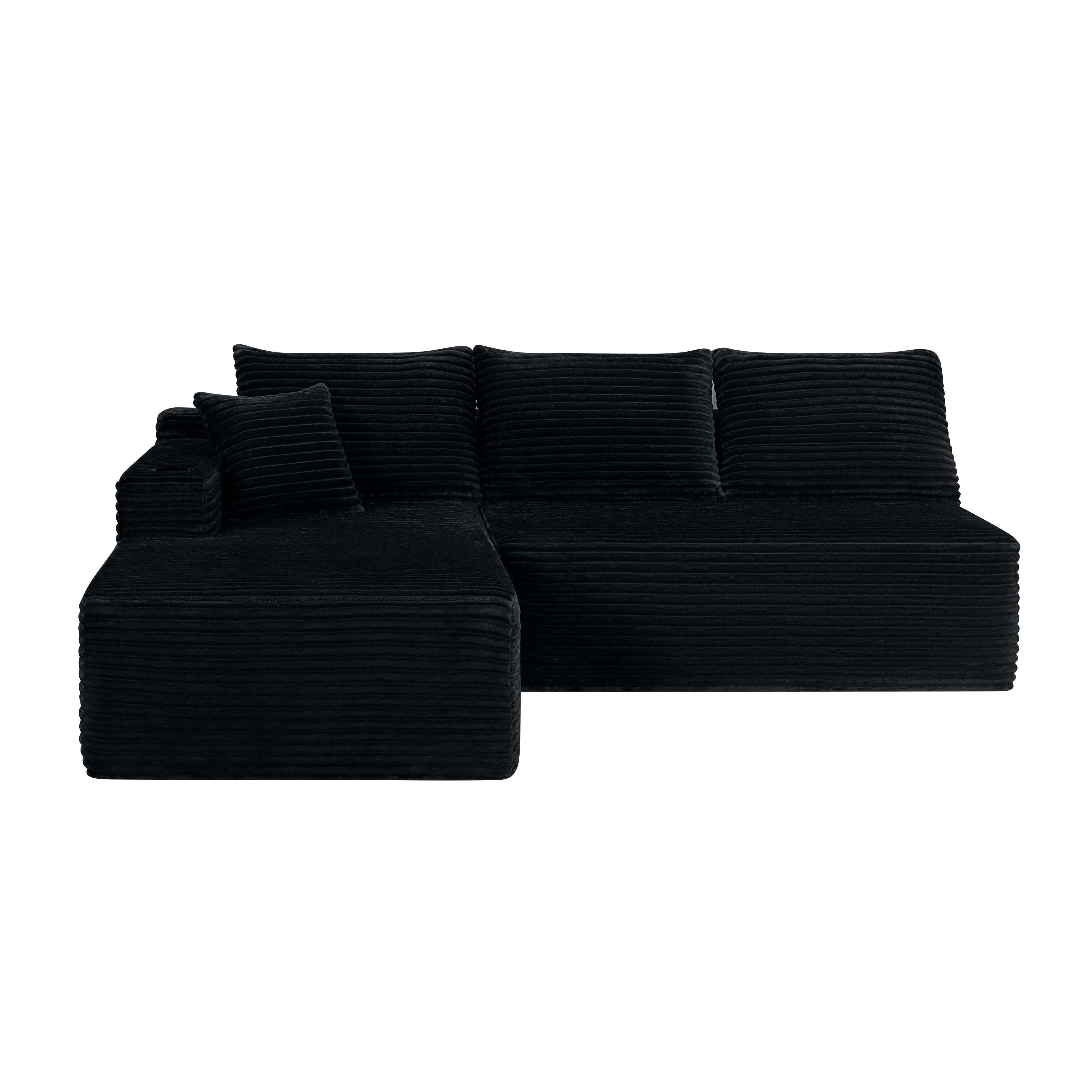 Black plush fabric sectional sofa L-shape chaise angled view