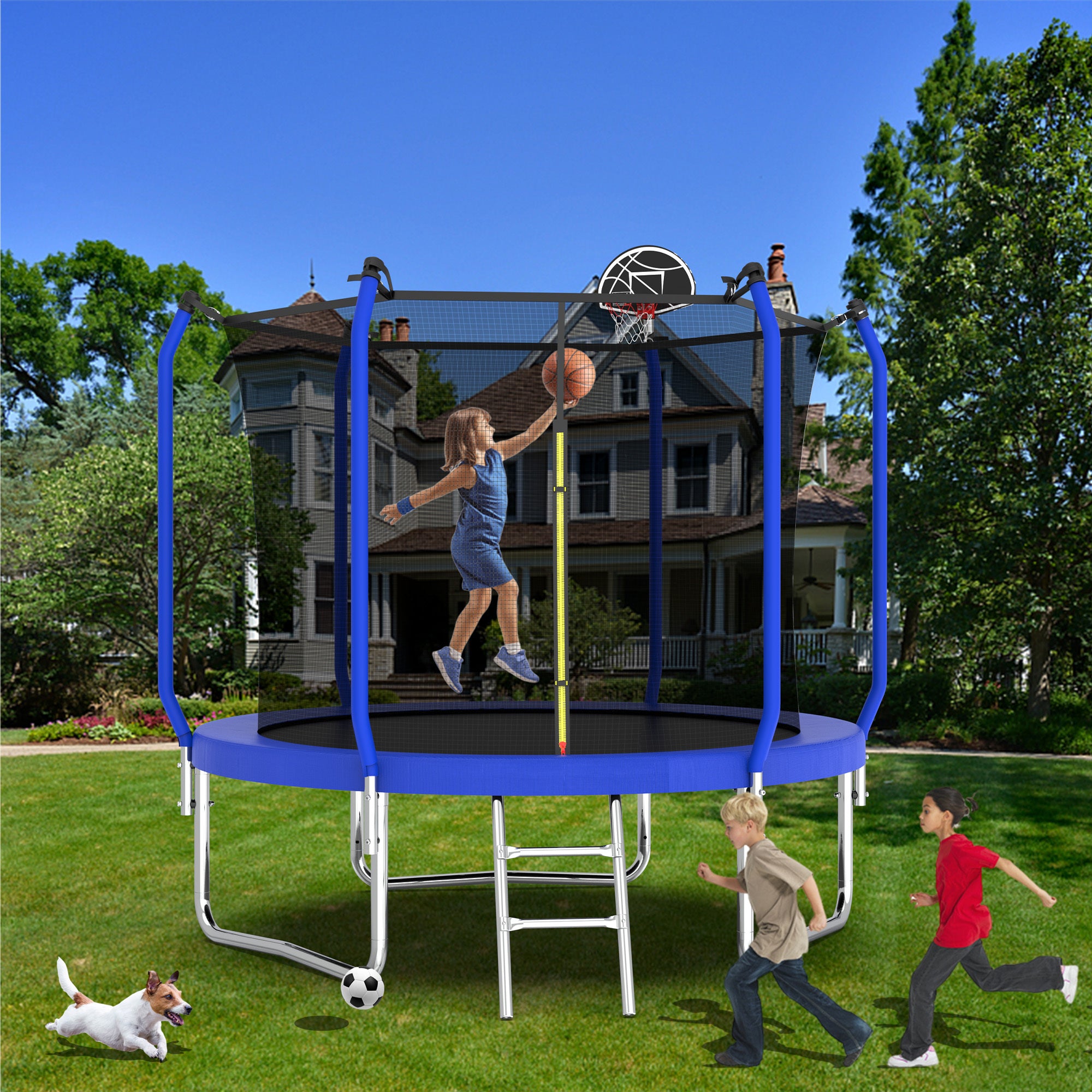 8FT Trampoline with Basketball Hoop,  ASTM Approved Reinforced Type Outdoor Trampoline with Enclosure Net