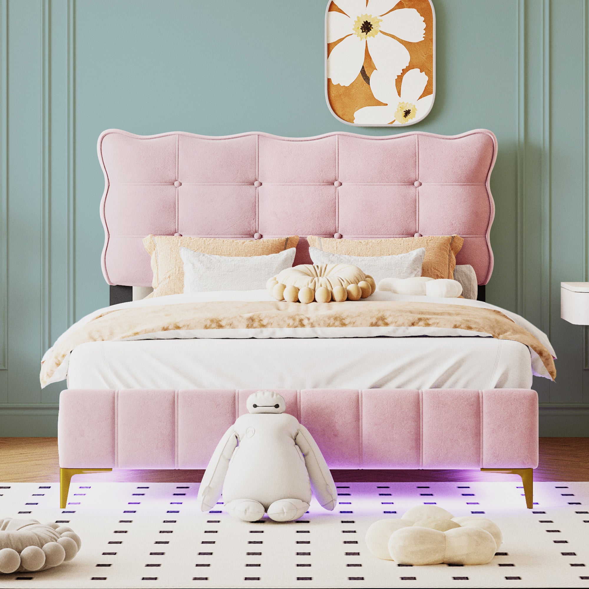 Full Size Velvet Platform Bed with LED Frame and Stylish Mental Bed Legs, Pink