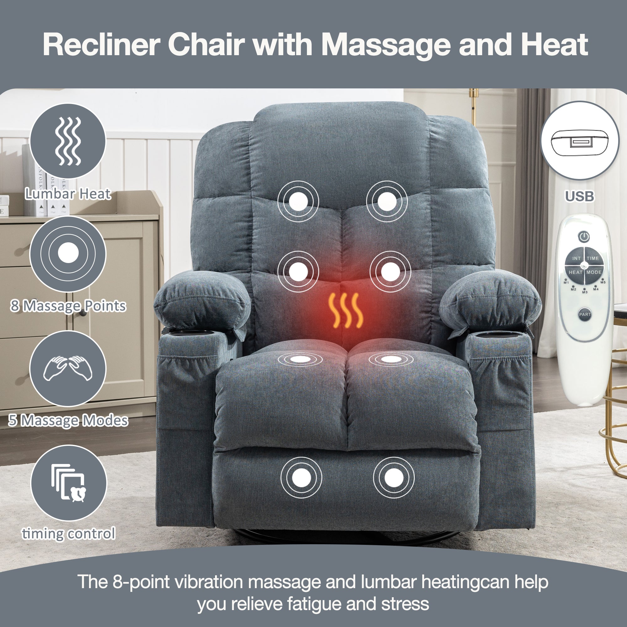 Massage Rocker Recliner Chair Rocking Chairs for Adults Oversized with 2 Cup Holders, USB Charge Port Soft Features a Manual Massage and Heat.A+B BLUE