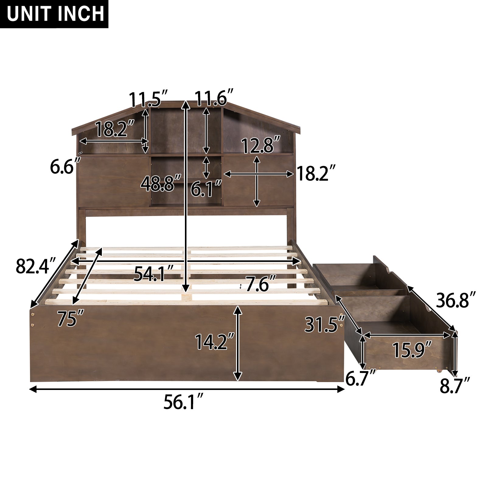 Full Size Wood Platform Bed with House-shaped Storage Headboard and 2 Drawers, Walnut