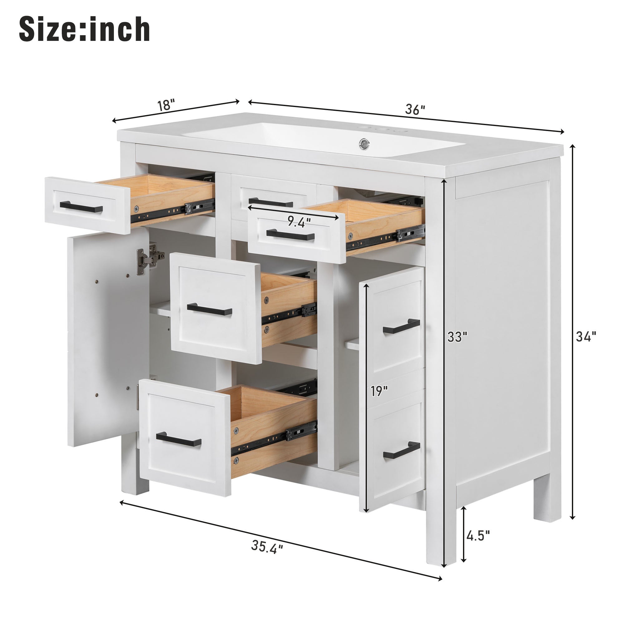 36" Bathroom Vanity Cabinet with Resin Integrated Sink - 4 Drawers, 2 Doors