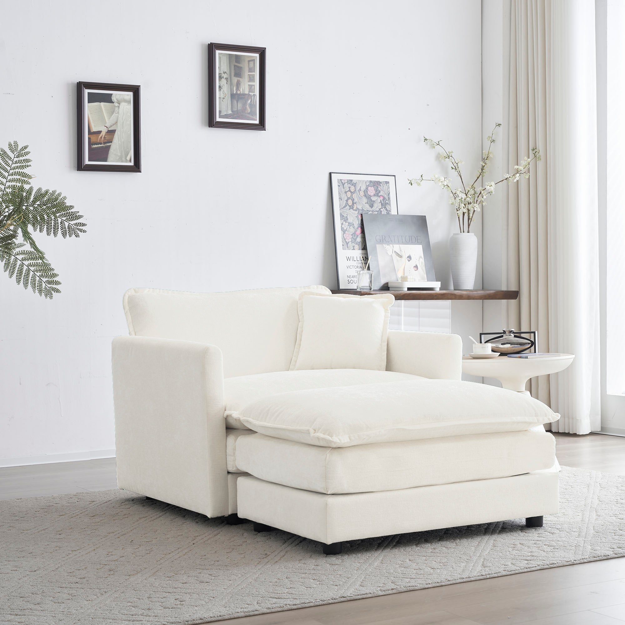 Modern Accent Chair with Ottoman, Living Room Club Chair Chenille Upholstered Armchair , Reading Chair for Bedroom, White