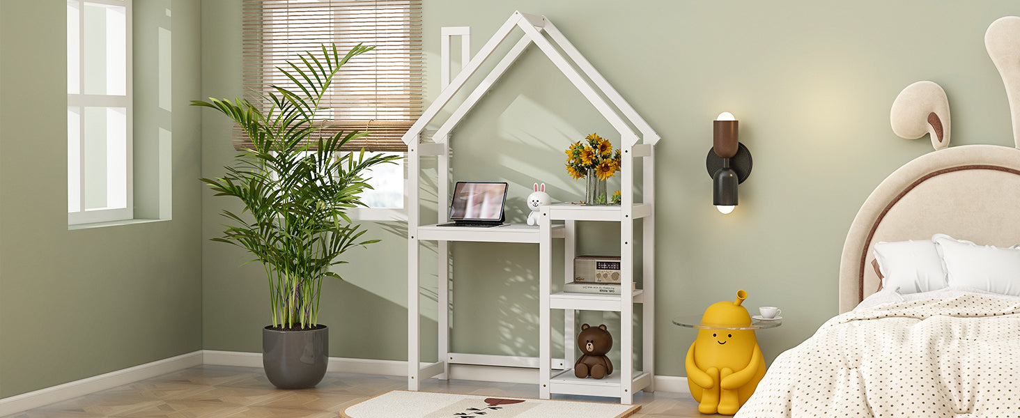 House-shaped Wooden writing Desk,Kids study Table,Bookshelf & Toy Storage,White